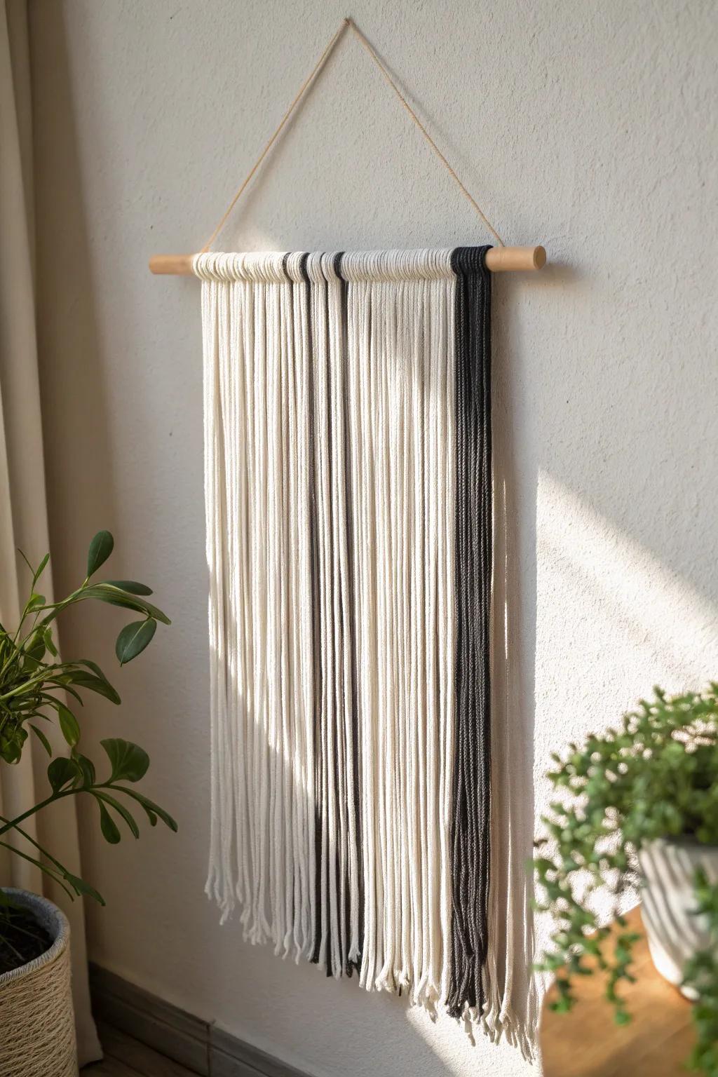 Sleek and simple minimalist yarn wall hanging with clean lines.
