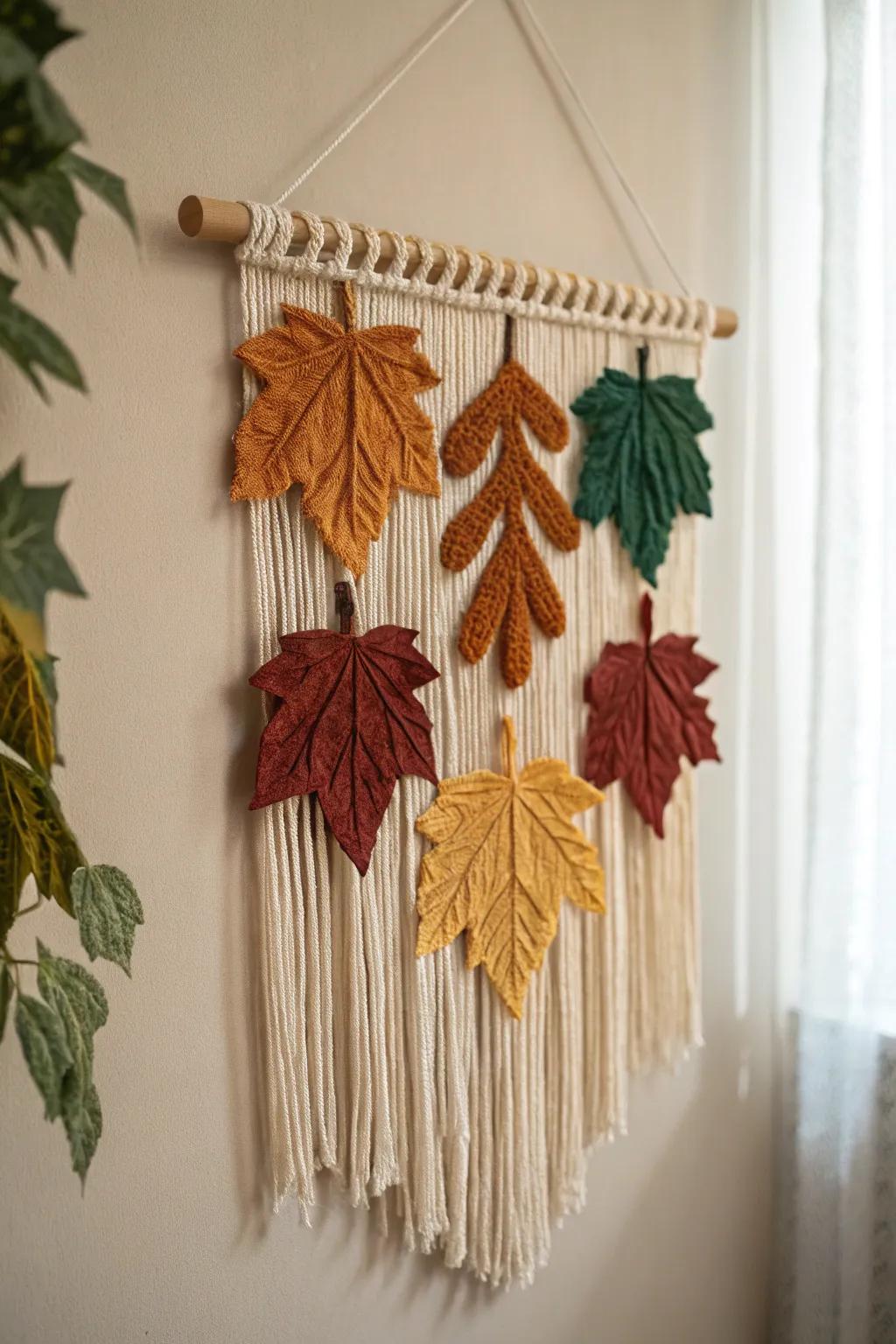 Seasonal yarn wall hanging capturing the essence of autumn.