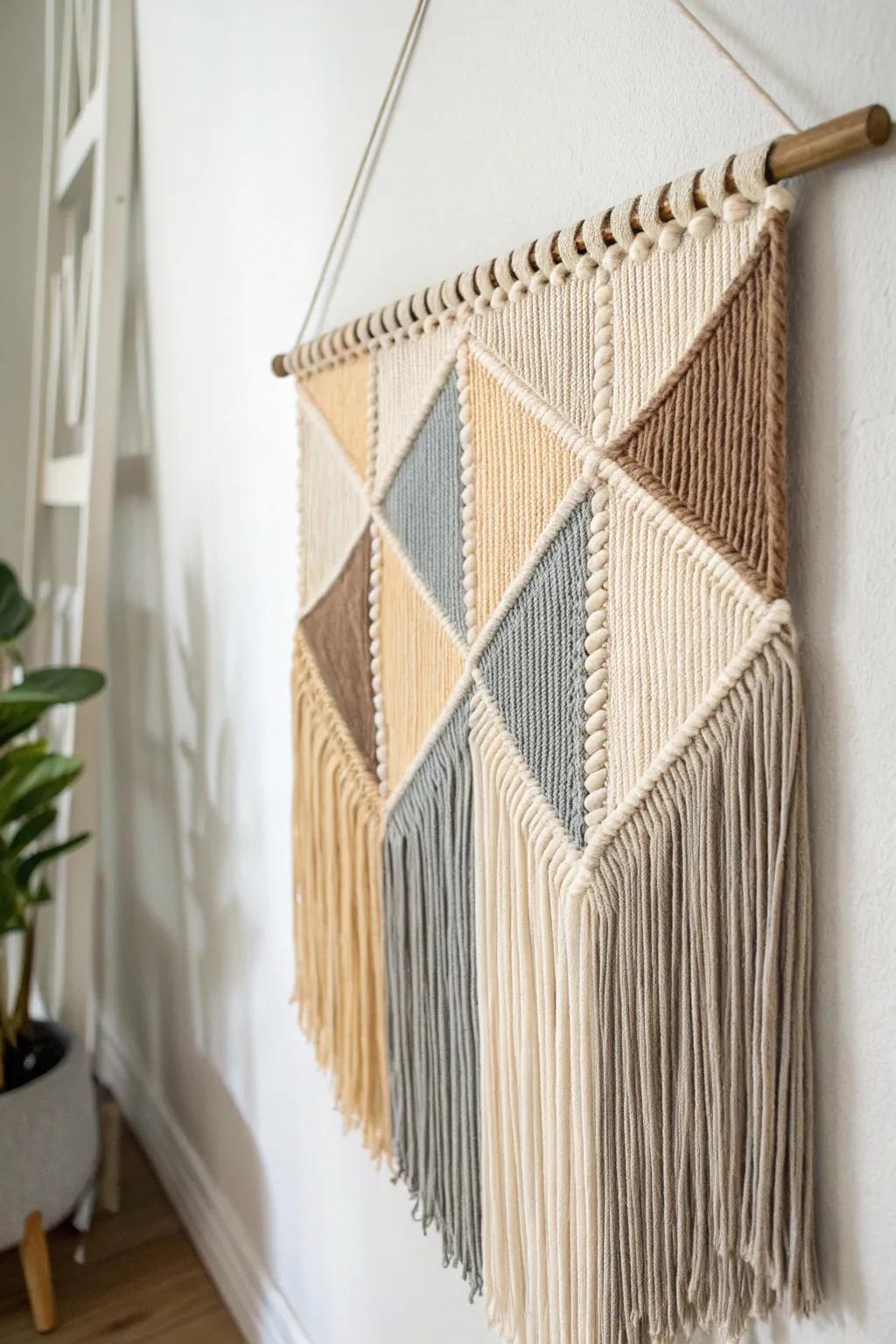 Modern geometric yarn wall hanging with sharp lines and shapes.