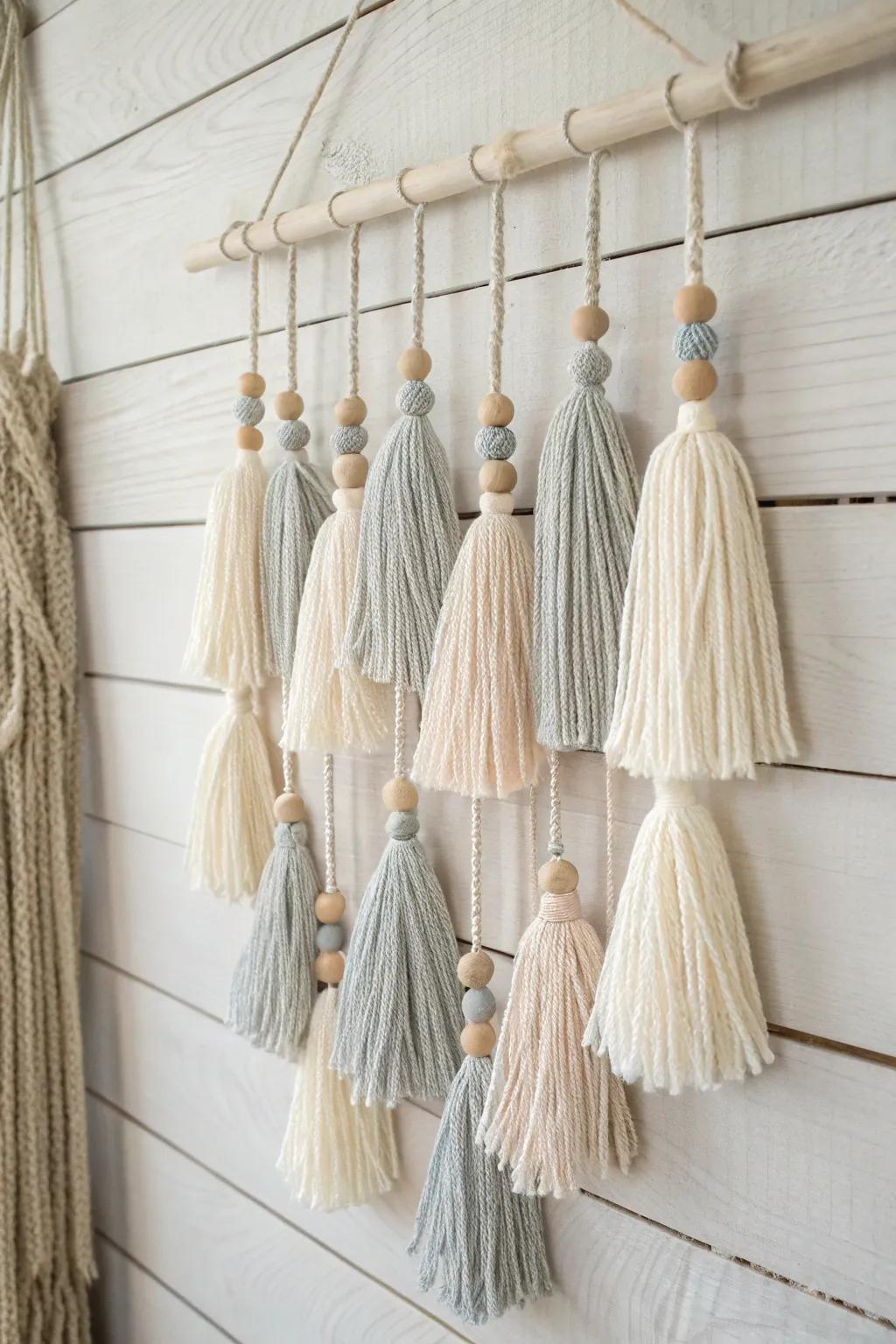 Whimsical tassel wall hanging adding movement and charm.