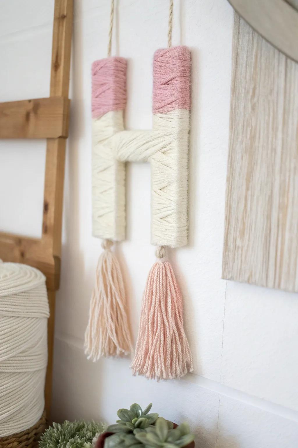 Custom yarn-wrapped letters spelling 'HOME' for a warm entryway.