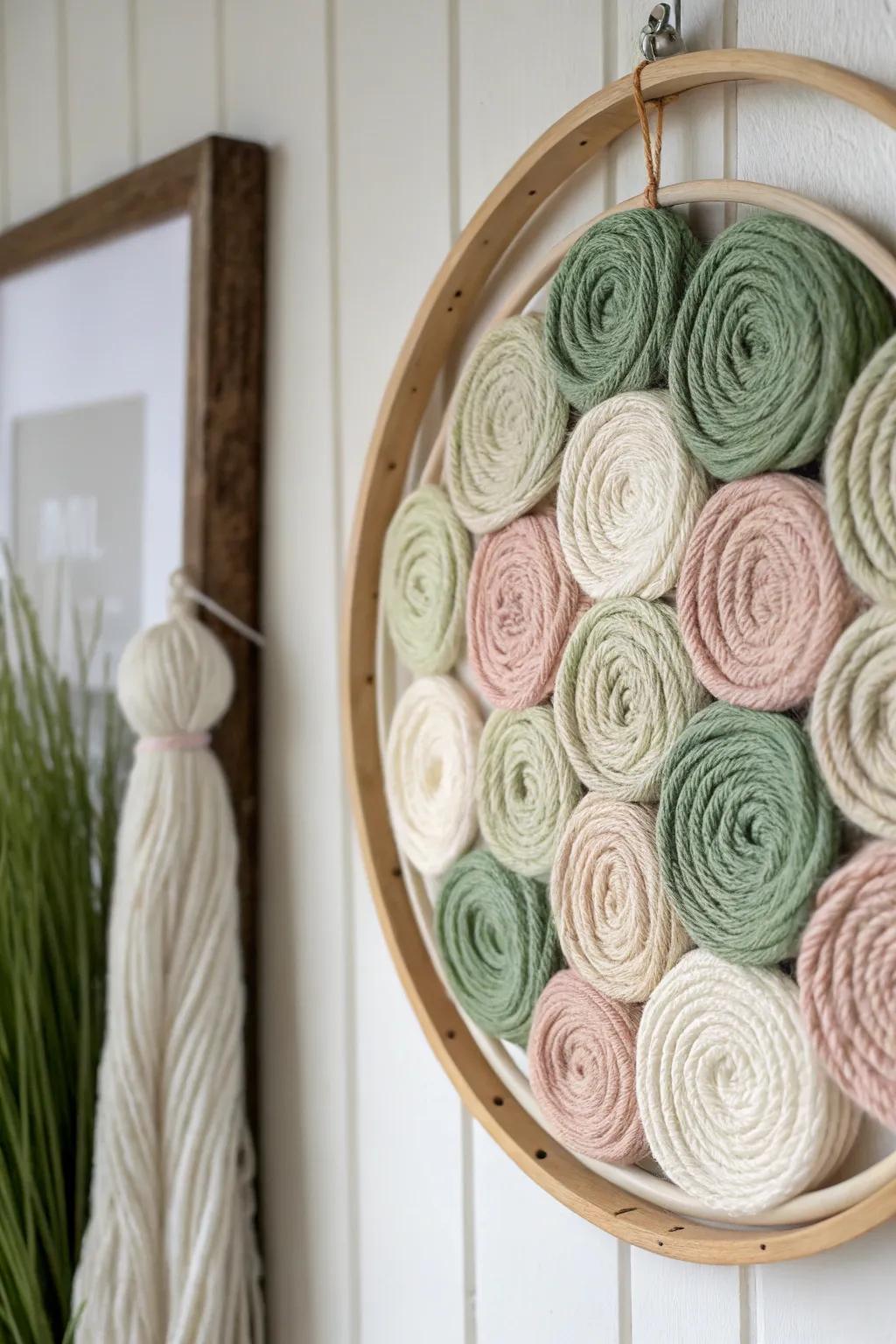 Circular yarn wall hanging combining boho and Scandinavian styles.