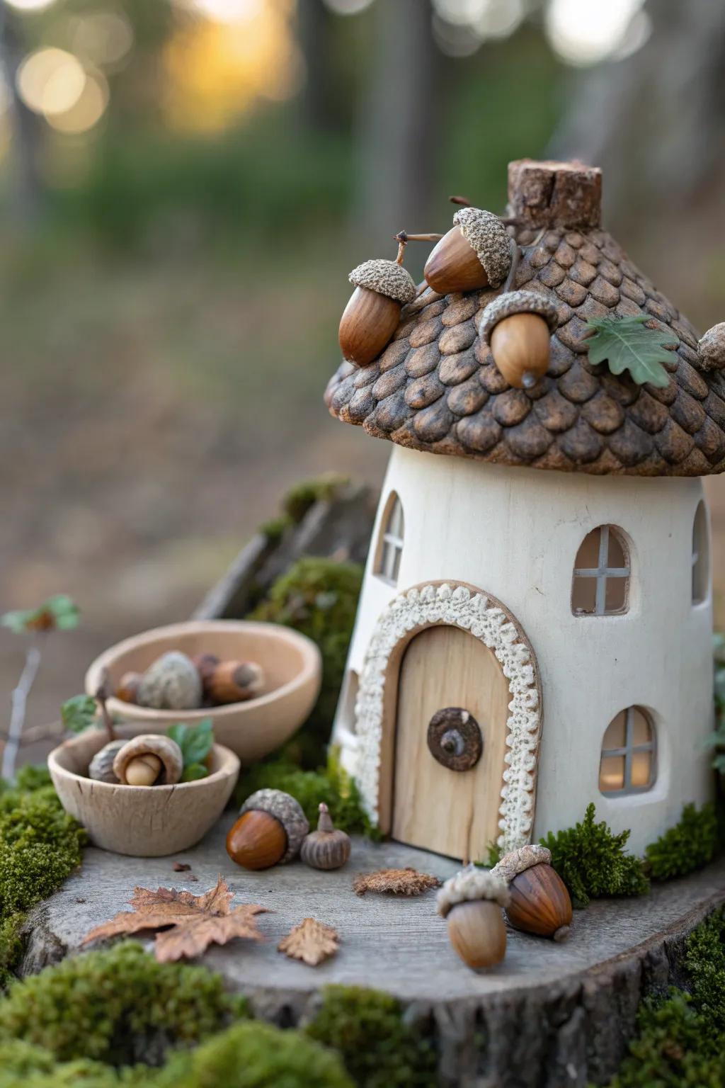 Add rustic charm with acorn decorations for your fairy house.