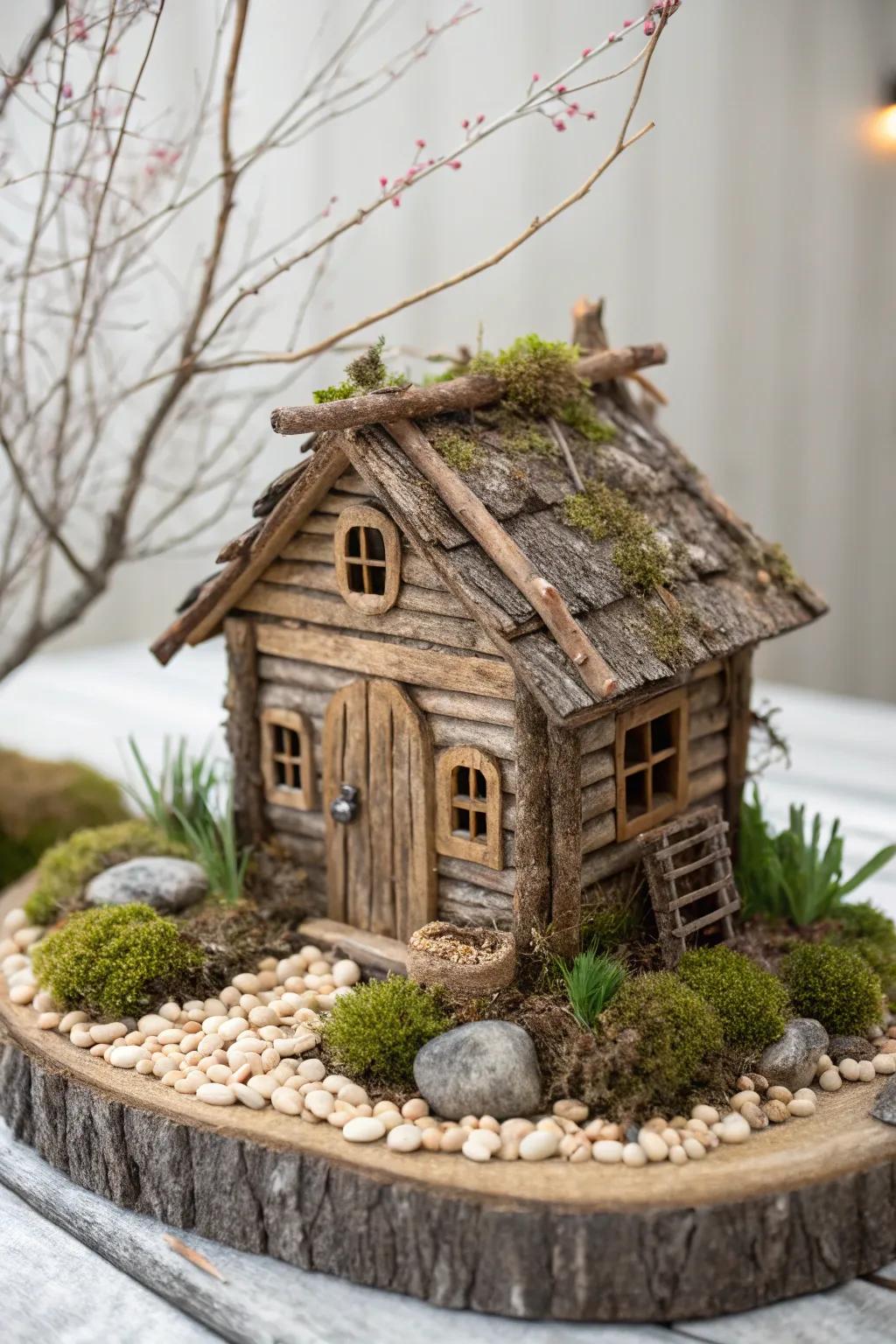 Create a cozy rustic cabin for your fairy using twigs and bark.
