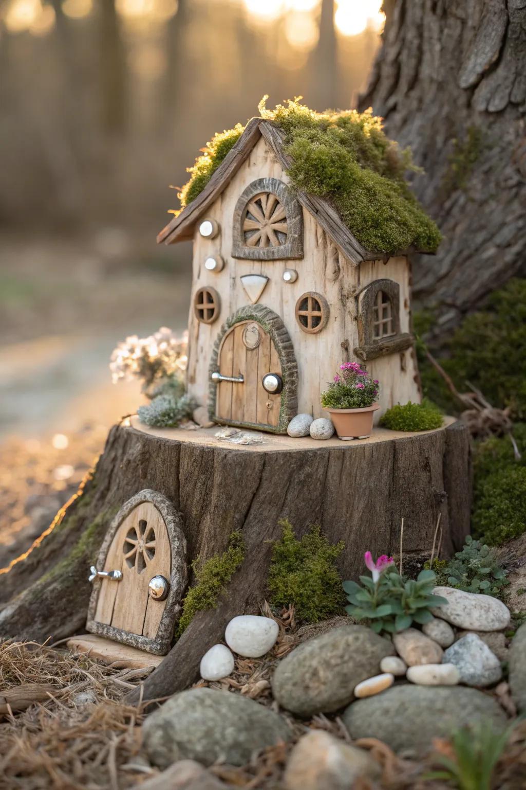 Transform a tree stump into a captivating fairy house centerpiece.