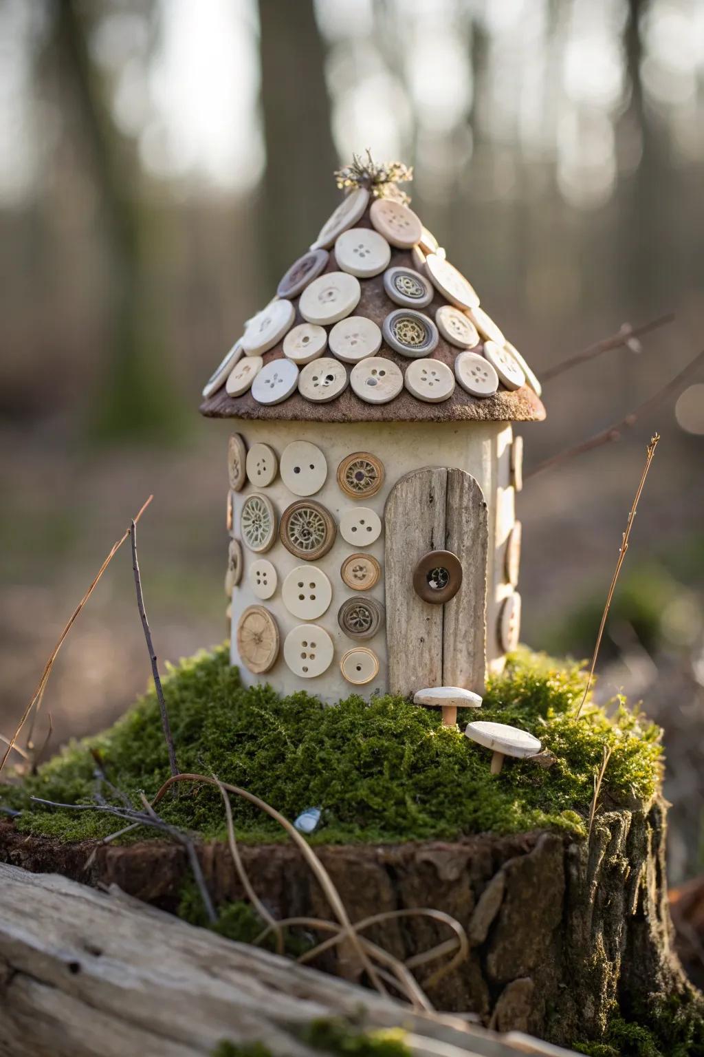 Add nostalgic charm with vintage button windows on your fairy house.