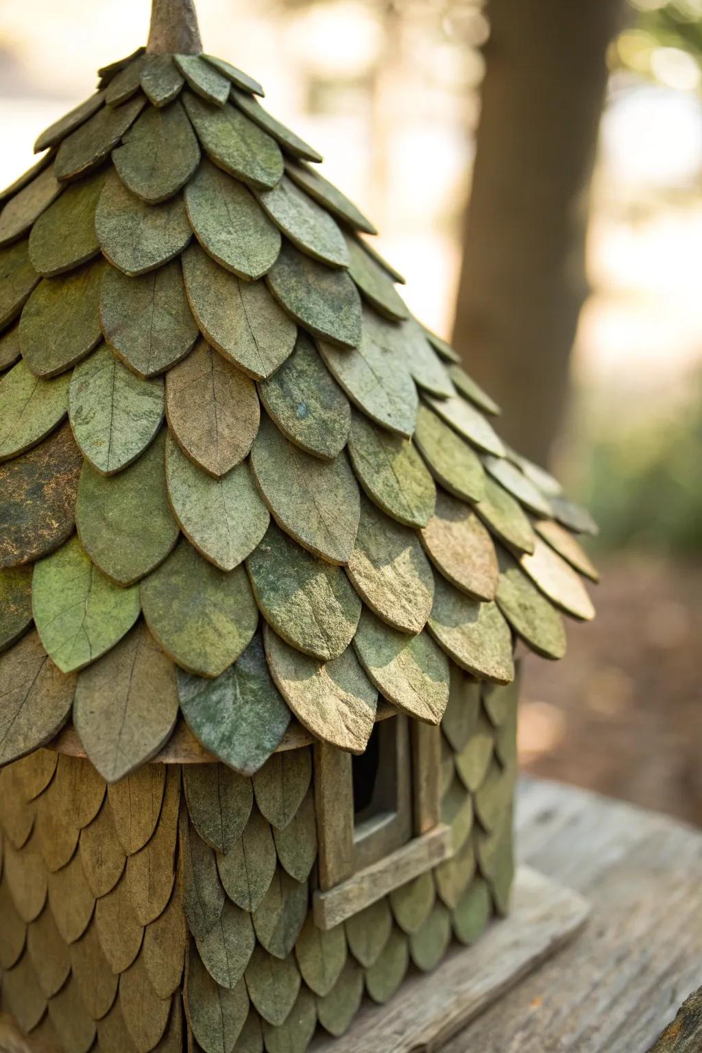 Craft a natural roof with layered leaves for your fairy house.