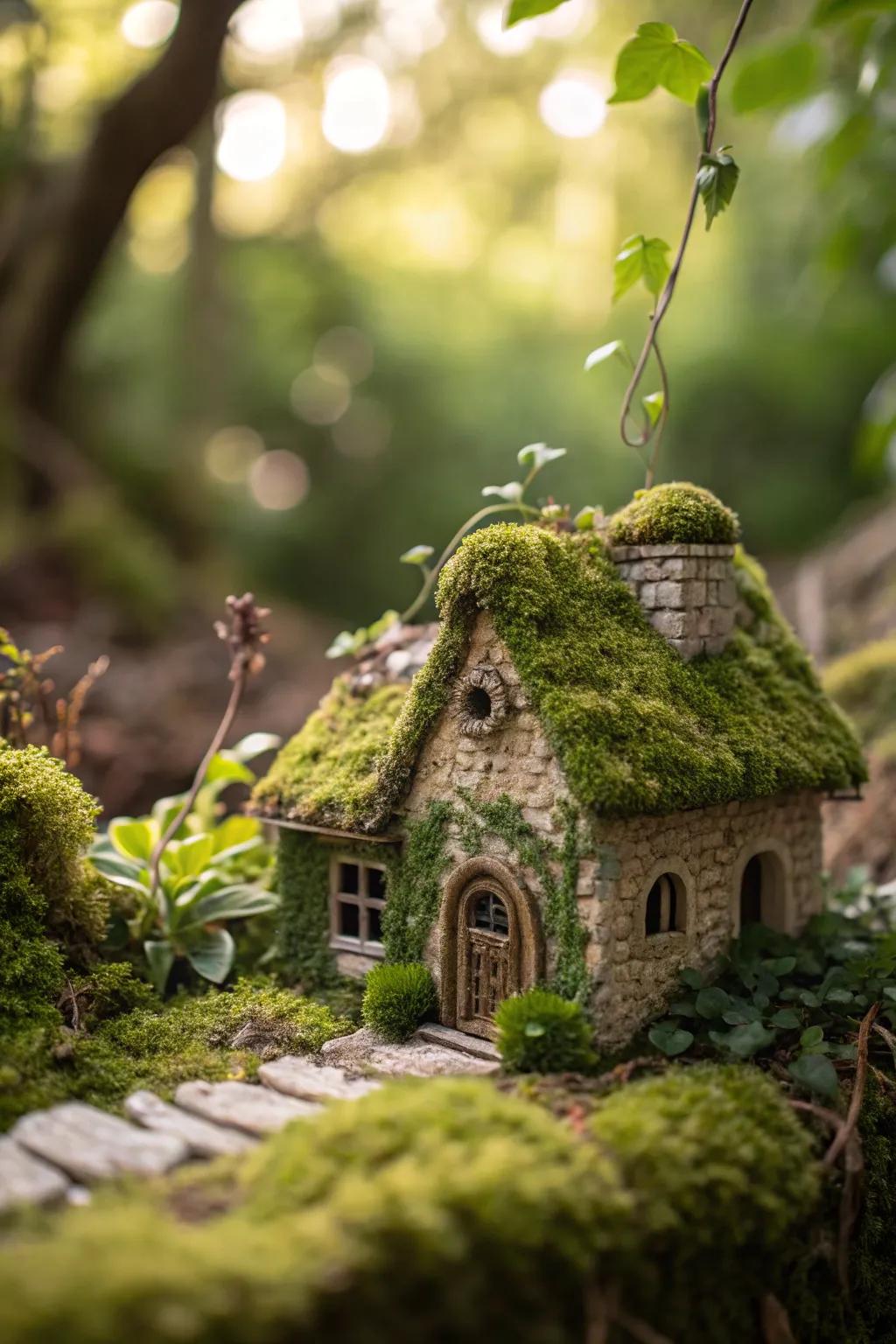 Embrace the natural beauty of moss-covered fairy cottages blending seamlessly into your garden.