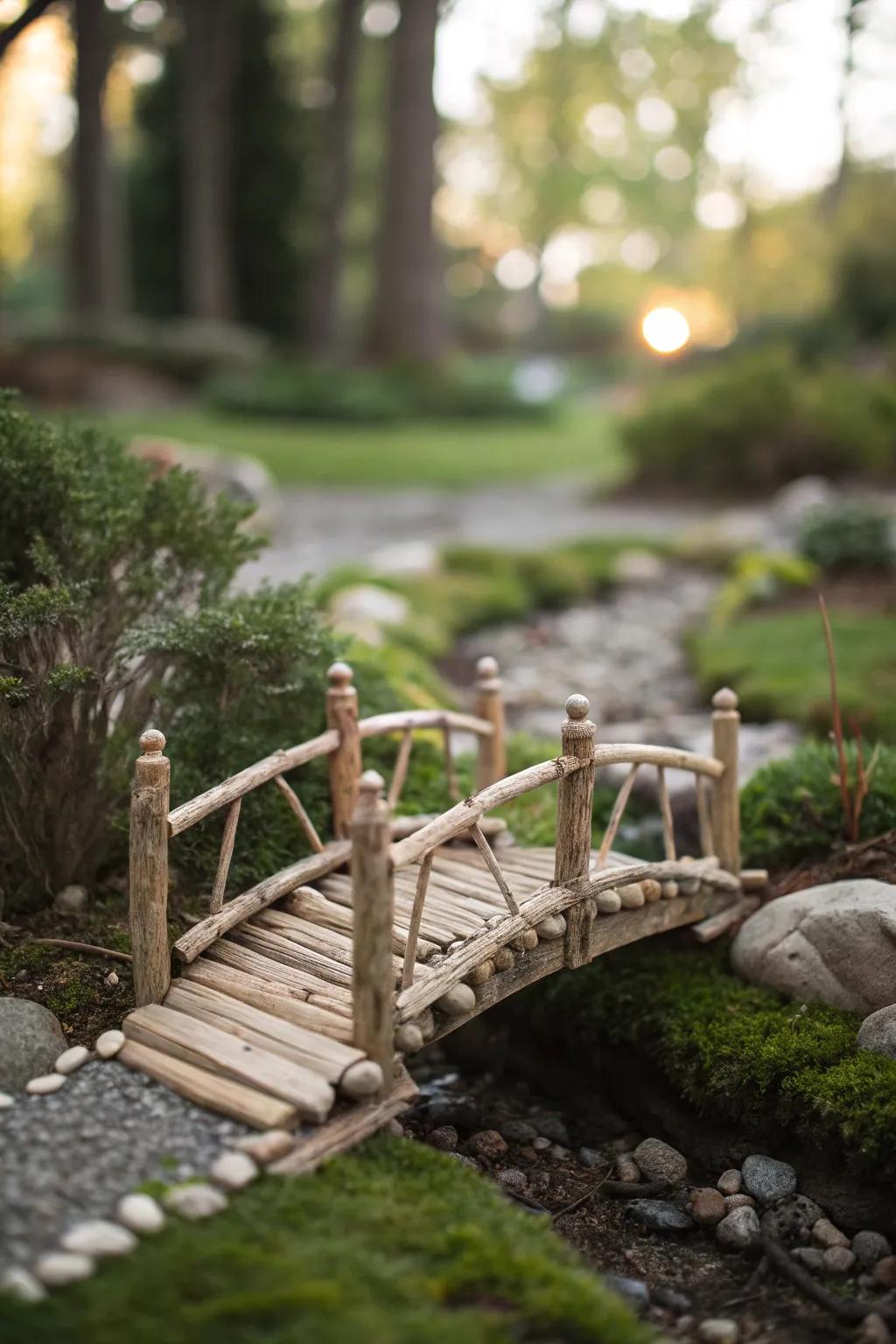 Add charm with a handcrafted fairy bridge blending rustic elements and whimsy.