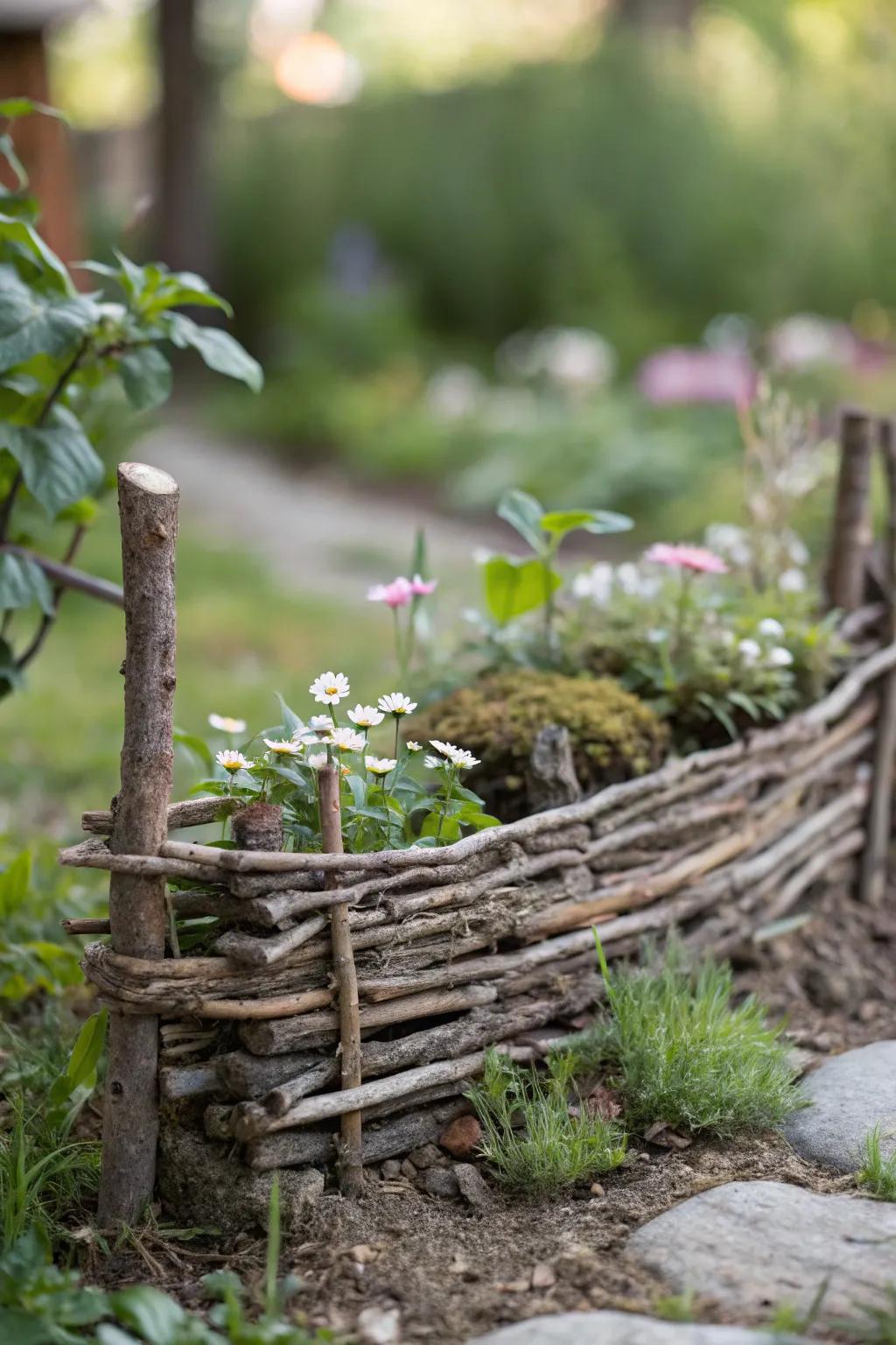 Define your fairy garden with a rustic twig fence that adds natural elegance.