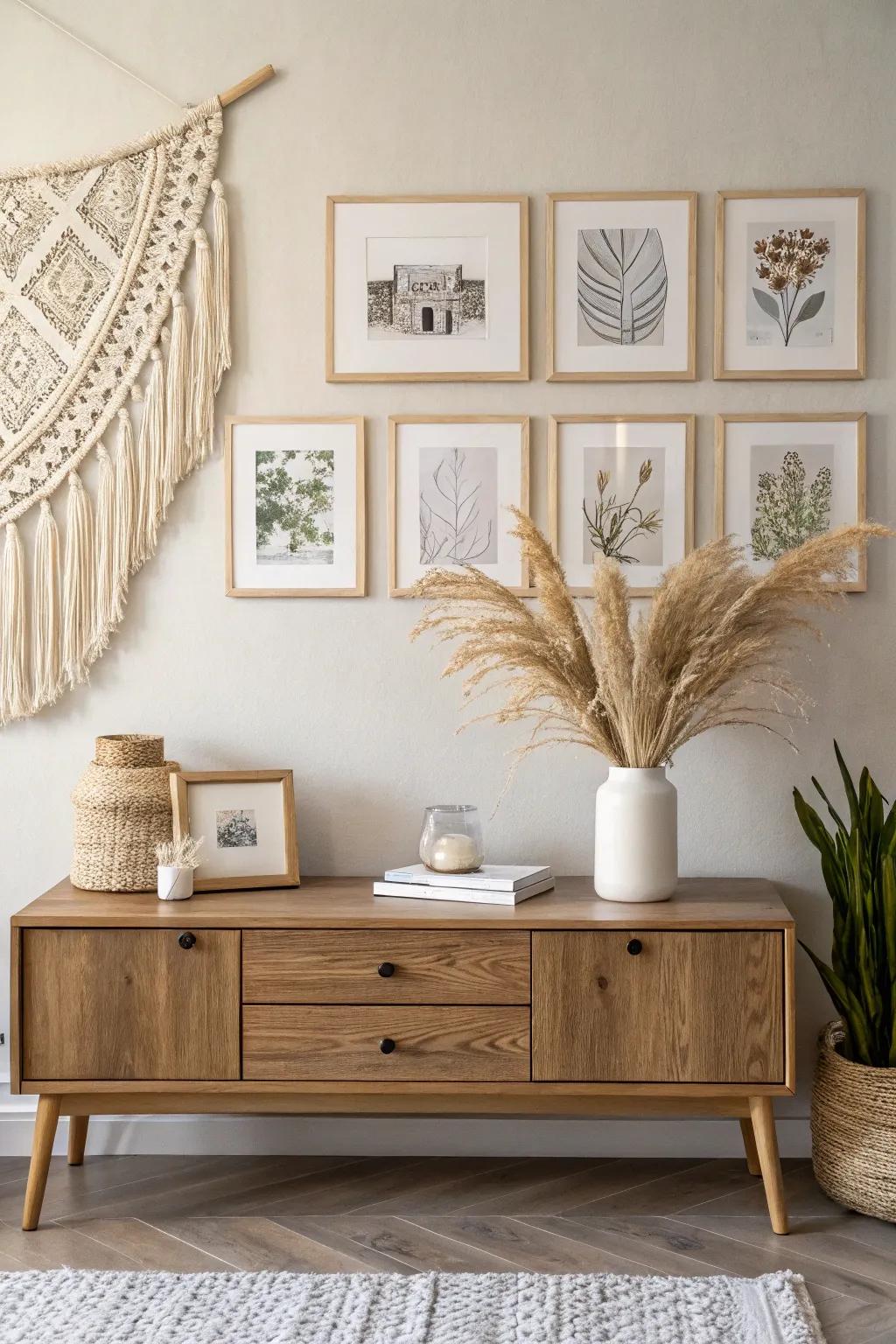 Create a serene gallery wall with a minimalist collage display.