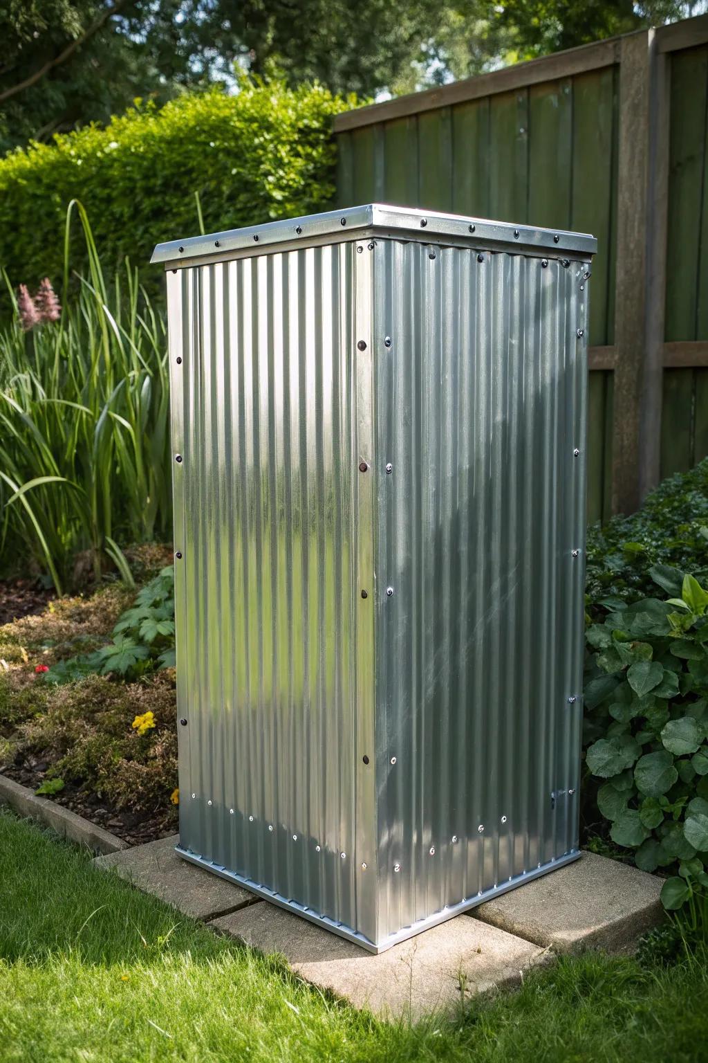 Add a sleek, weatherproof touch to your garden with a compost bin made from corrugated metal sheets.