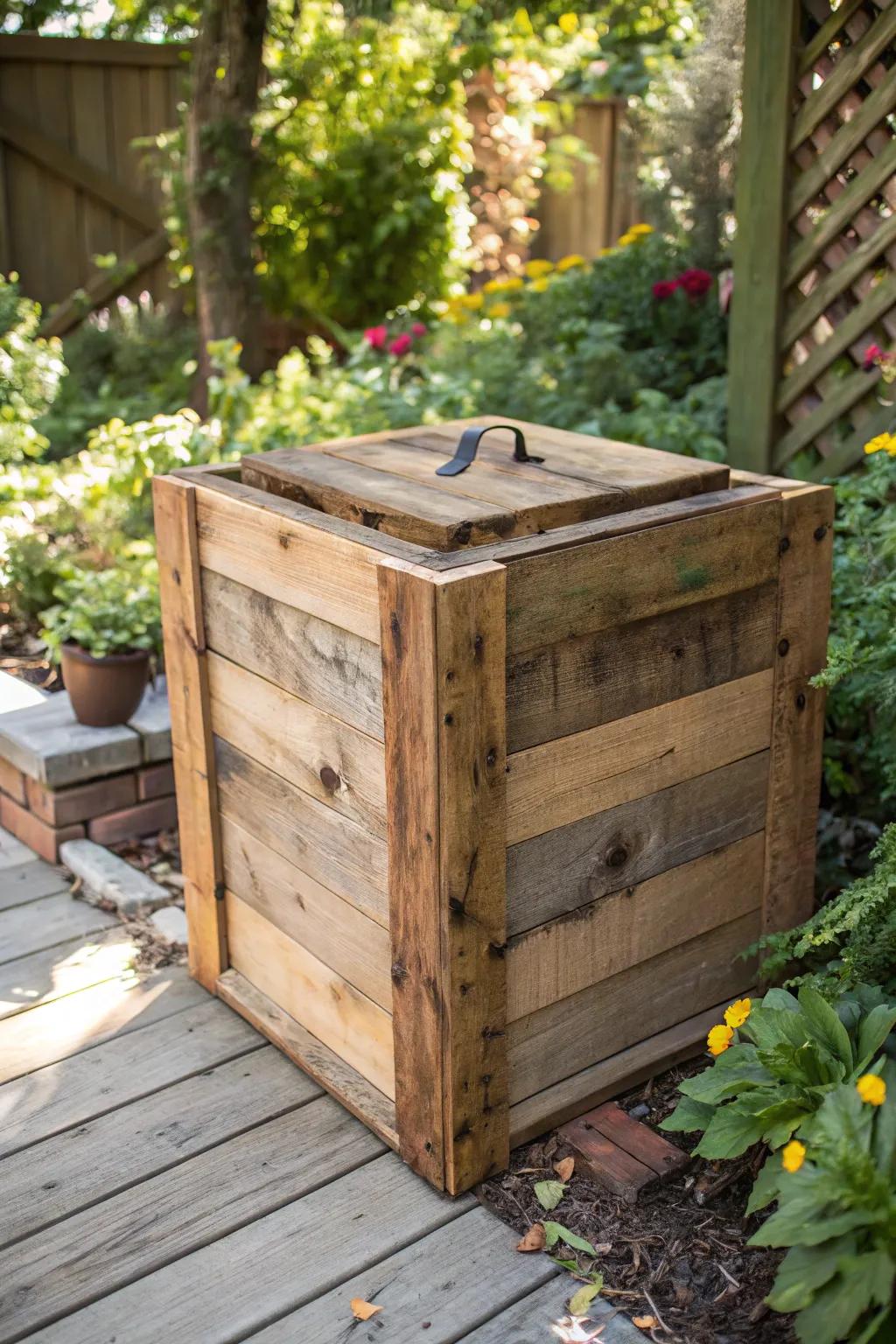 Create a sustainable garden feature with an upcycled wood compost container built from reclaimed lumber.