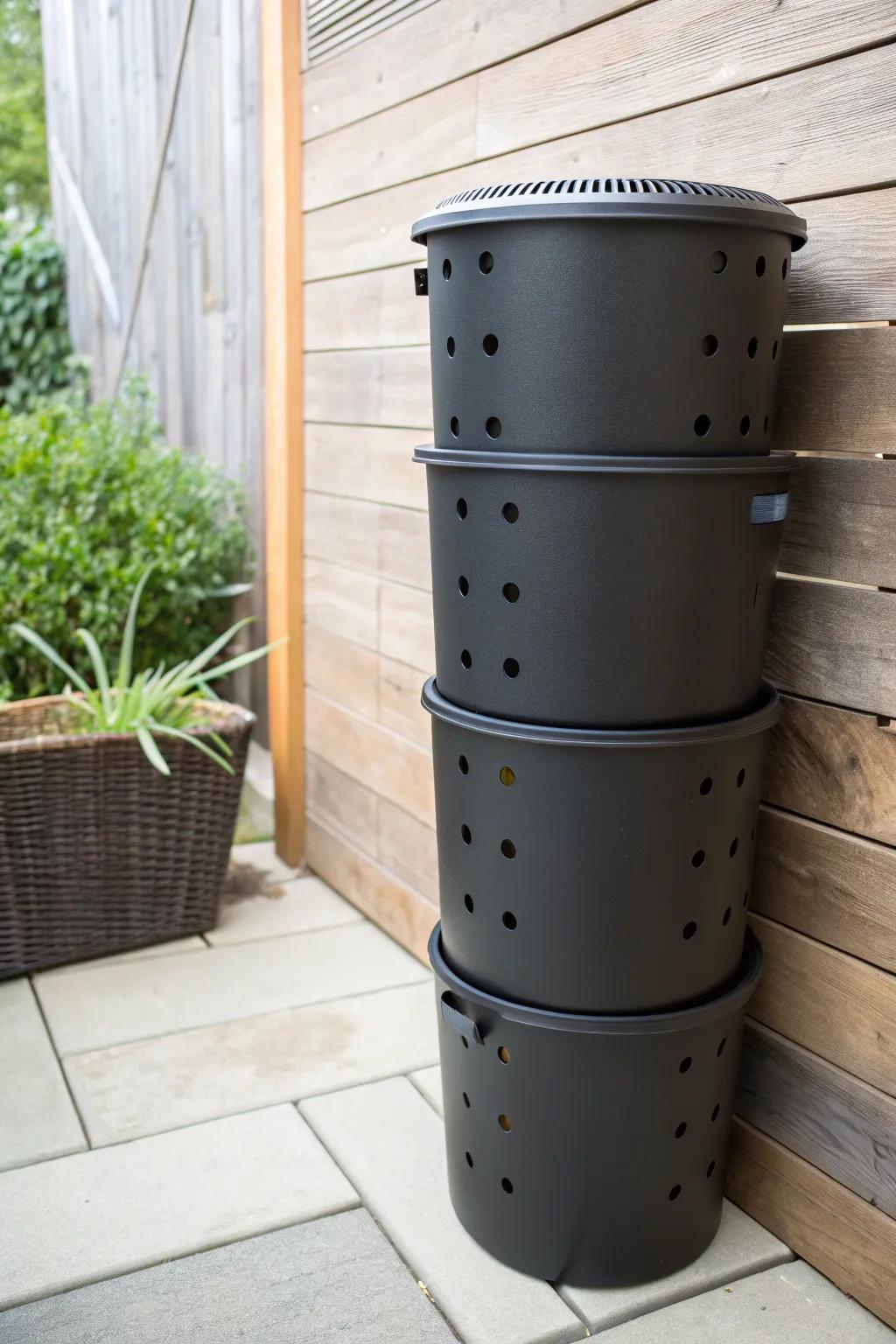 Maximize limited space with a vertical bucket compost tower, ideal for urban gardens and patios.
