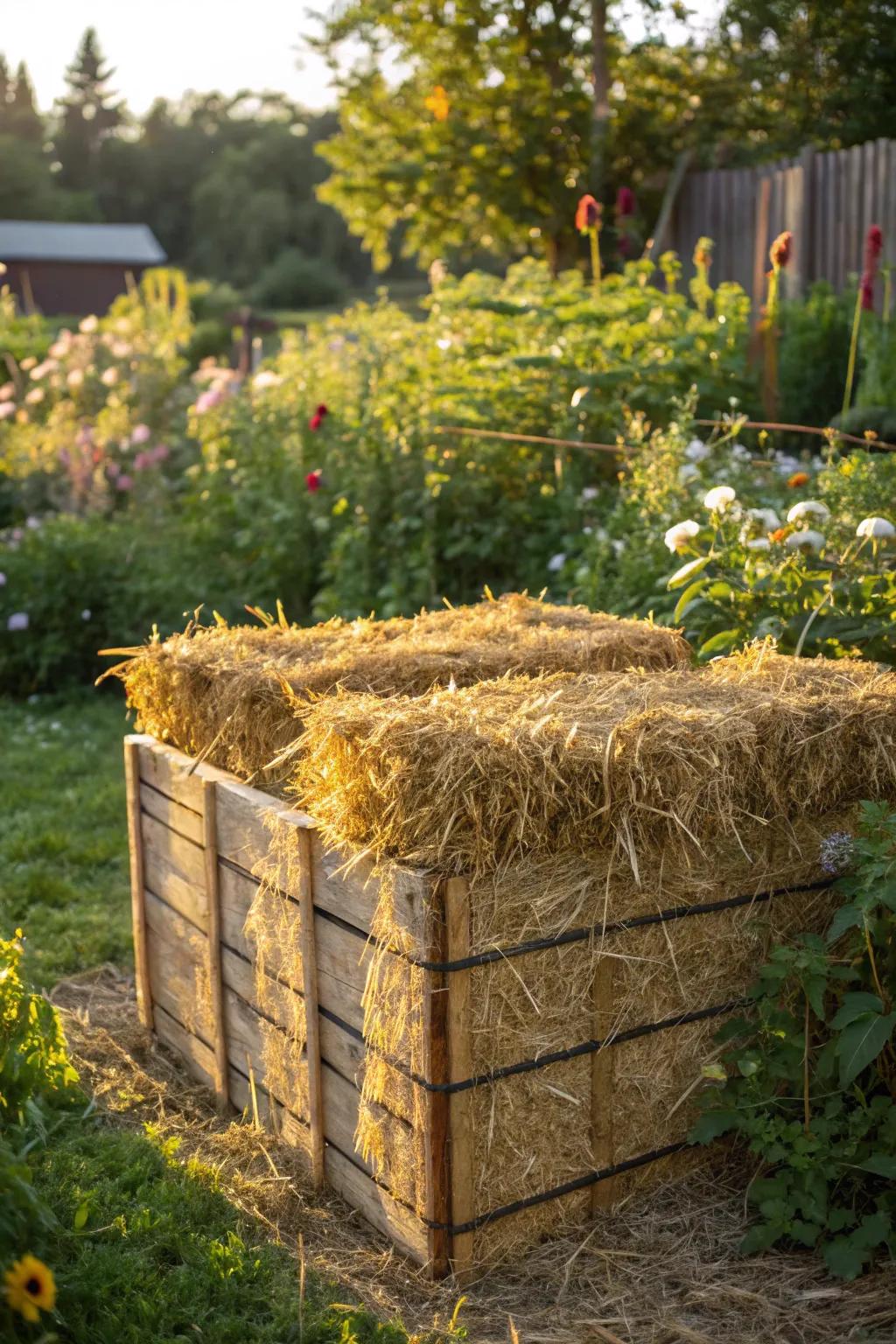 Integrate sustainability with a straw bale compost enclosure that naturally blends into your garden.
