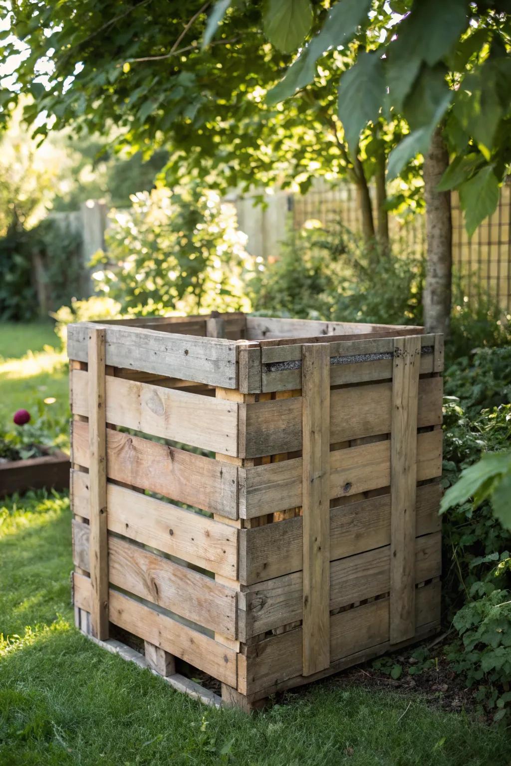 Give your backyard a rustic charm with a compost bin crafted from repurposed wooden pallets.