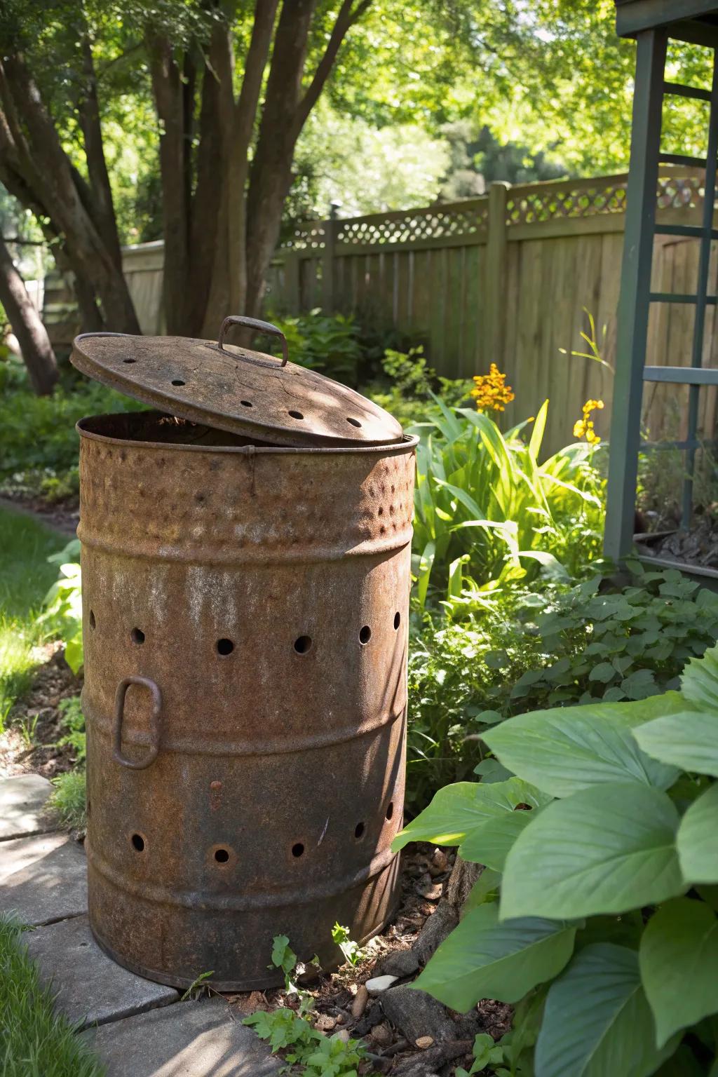 Give new life to an old metal drum by converting it into a functional compost bin with rustic appeal.