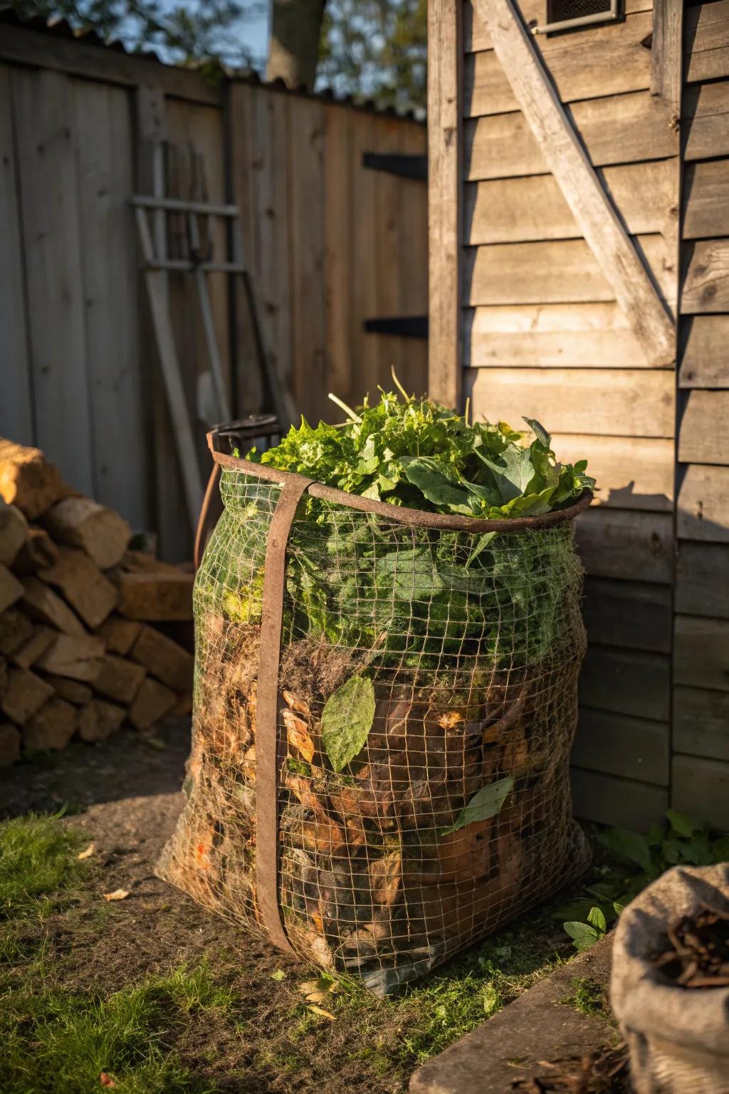 Create a sustainable composting solution with a breathable mesh bag bin, ideal for garden clippings.