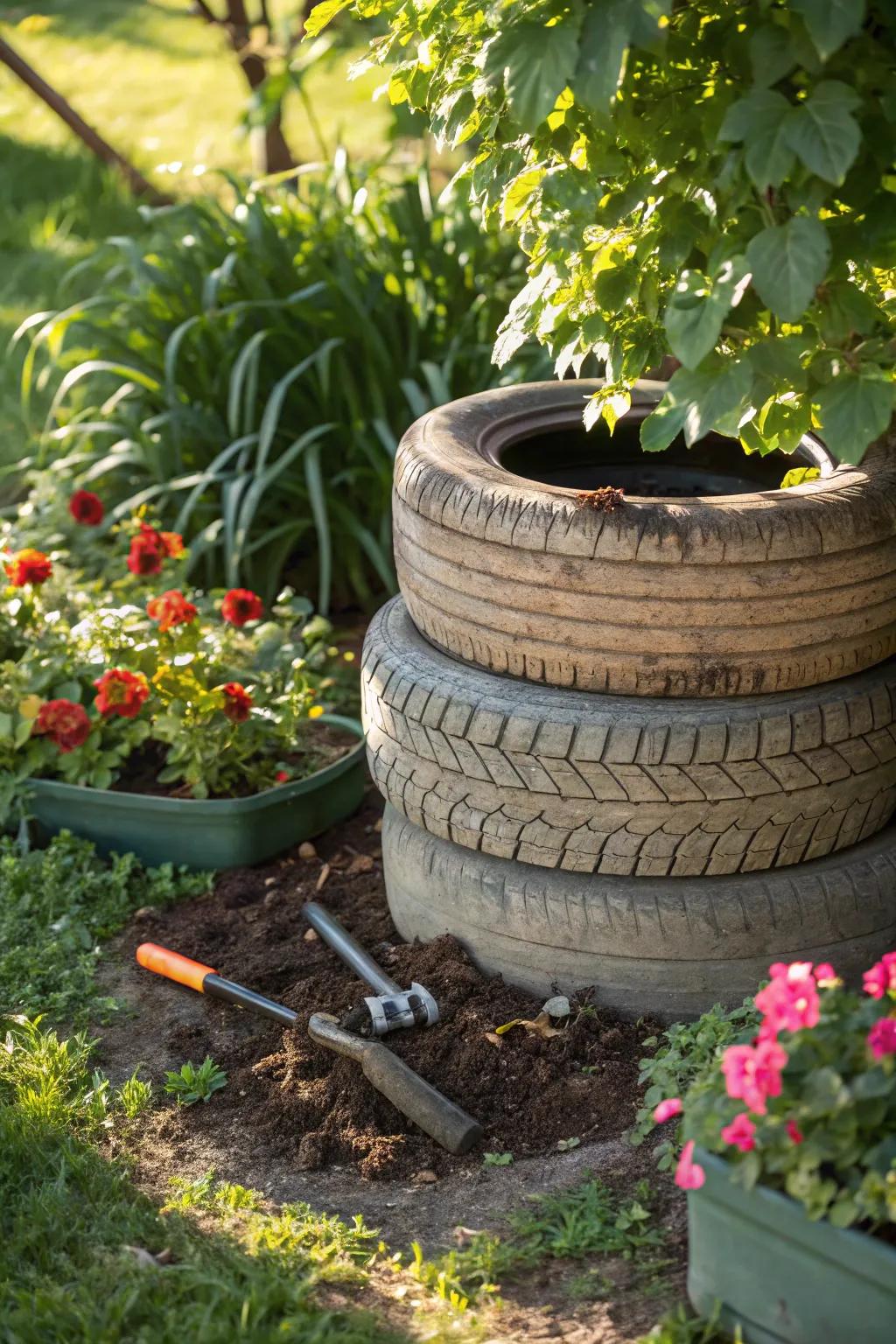 Give your garden a creative twist by building a compost bin from stacked recycled tires.