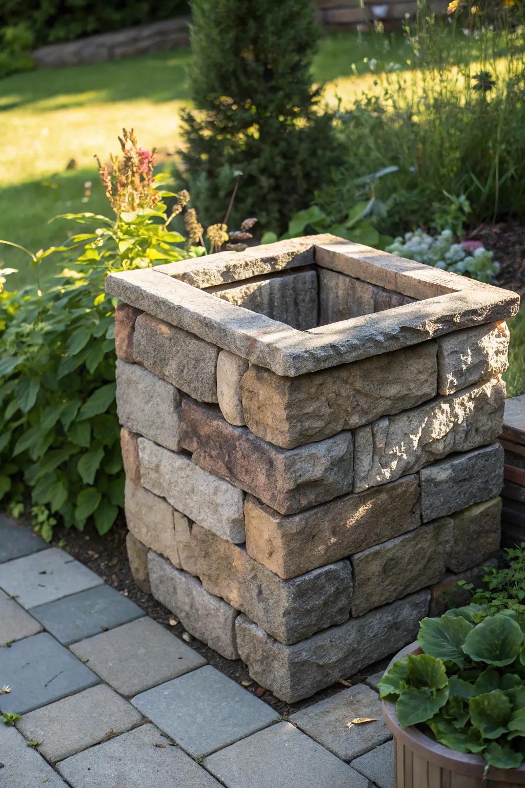Add rustic elegance to your garden with a compost bin constructed from natural stone blocks.