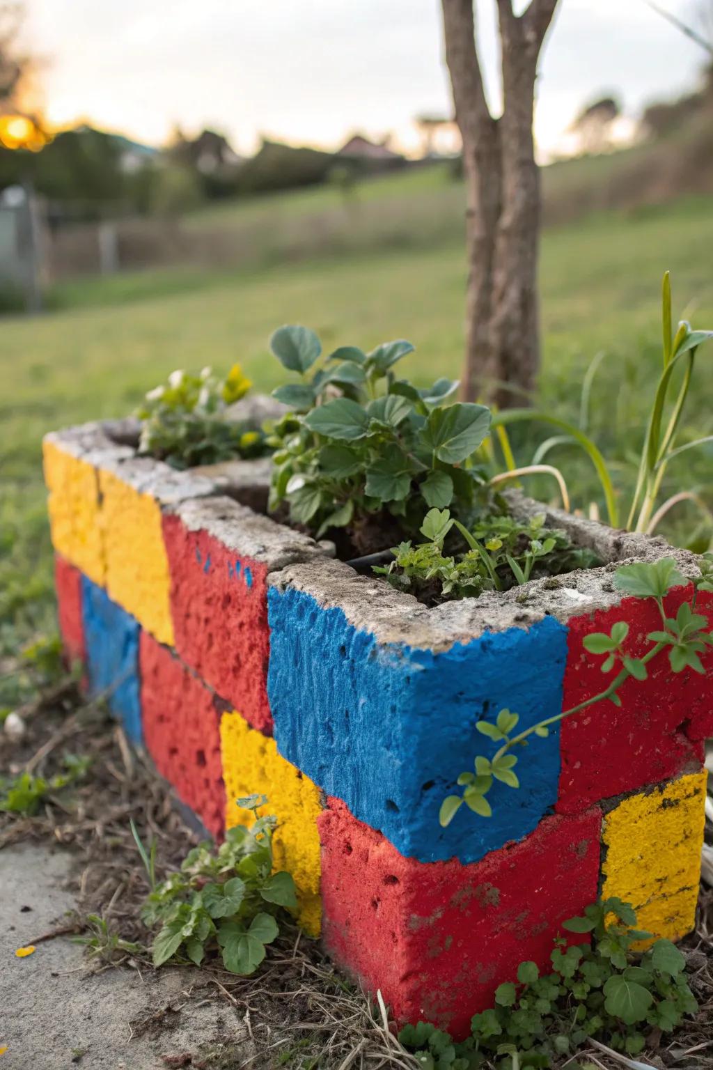 Brightly painted cinder block planters add charm to any garden.
