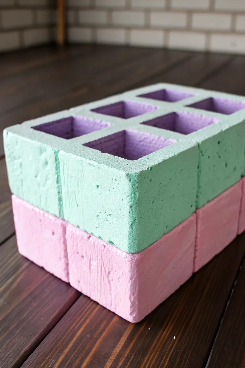 Create a tranquil atmosphere with pastel-painted cinder blocks.