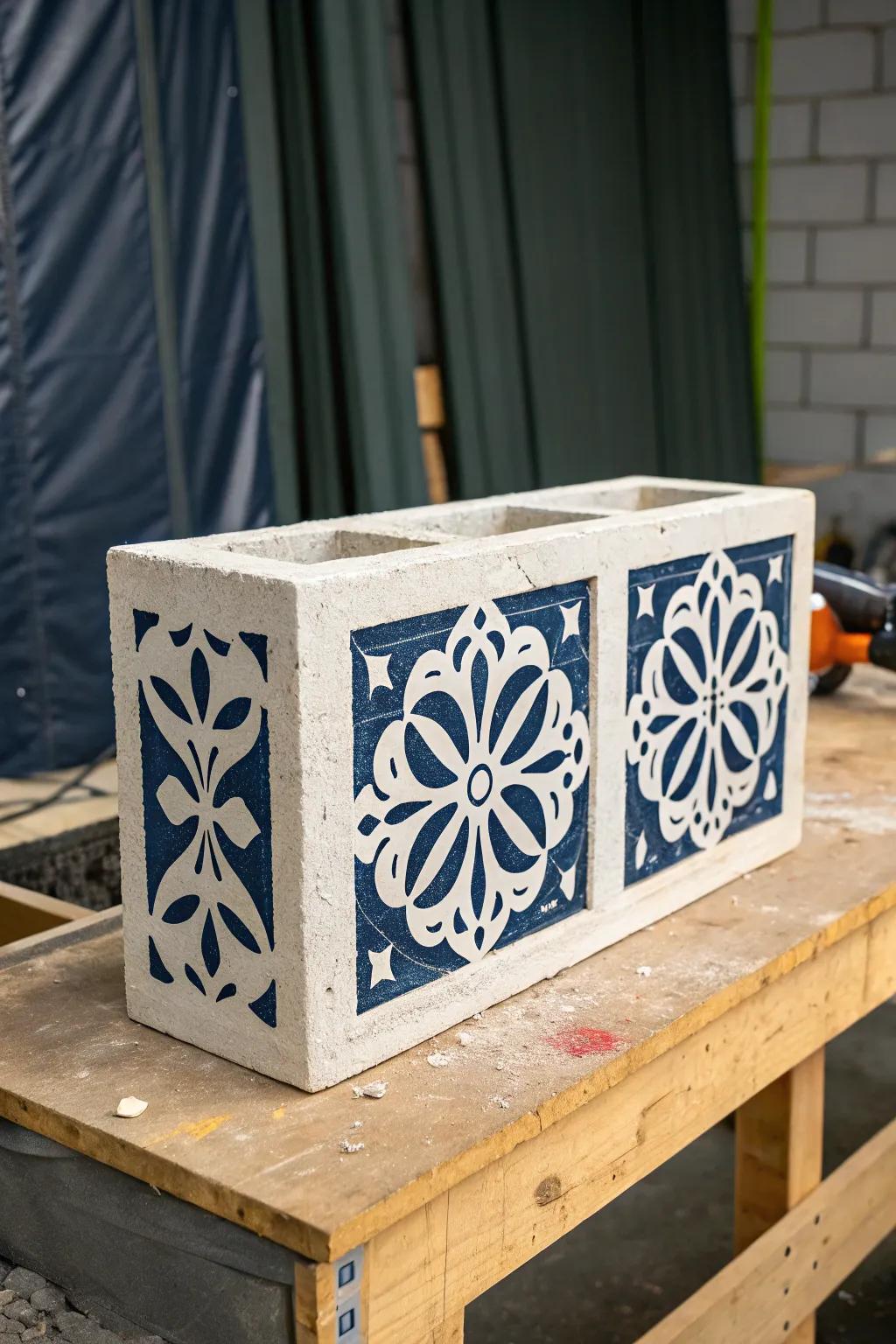 Add intricate stencil designs to cinder blocks for personalized flair.