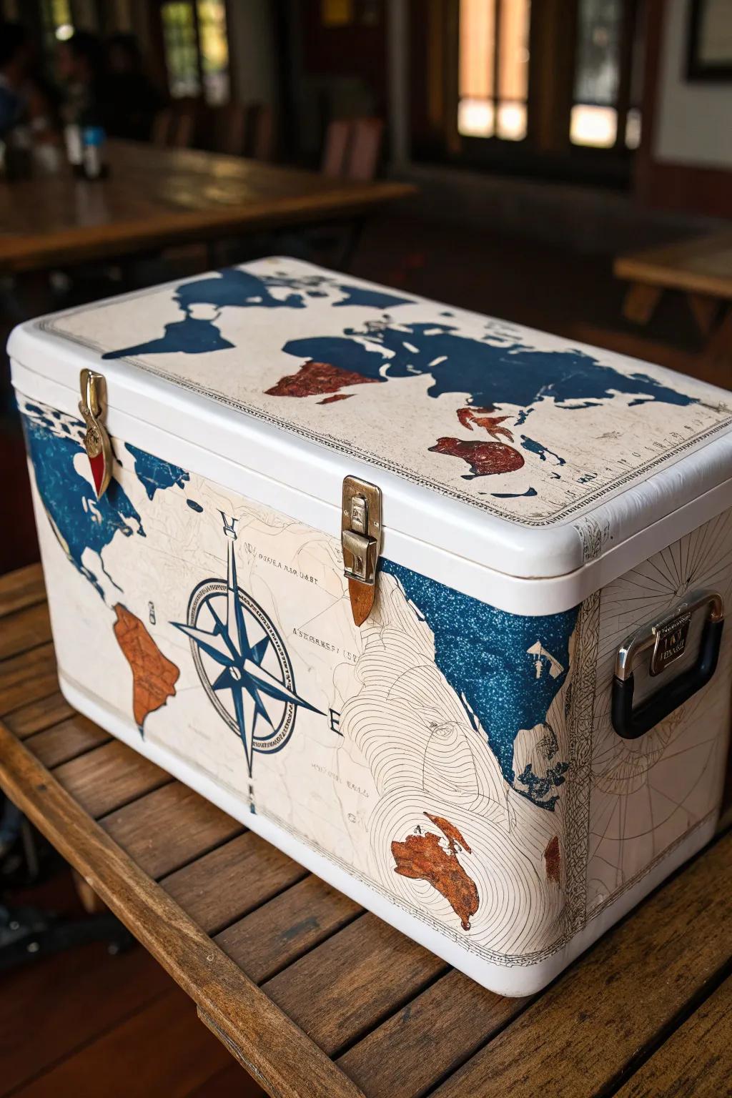 Set off on a journey with a cooler decorated in vintage map designs.