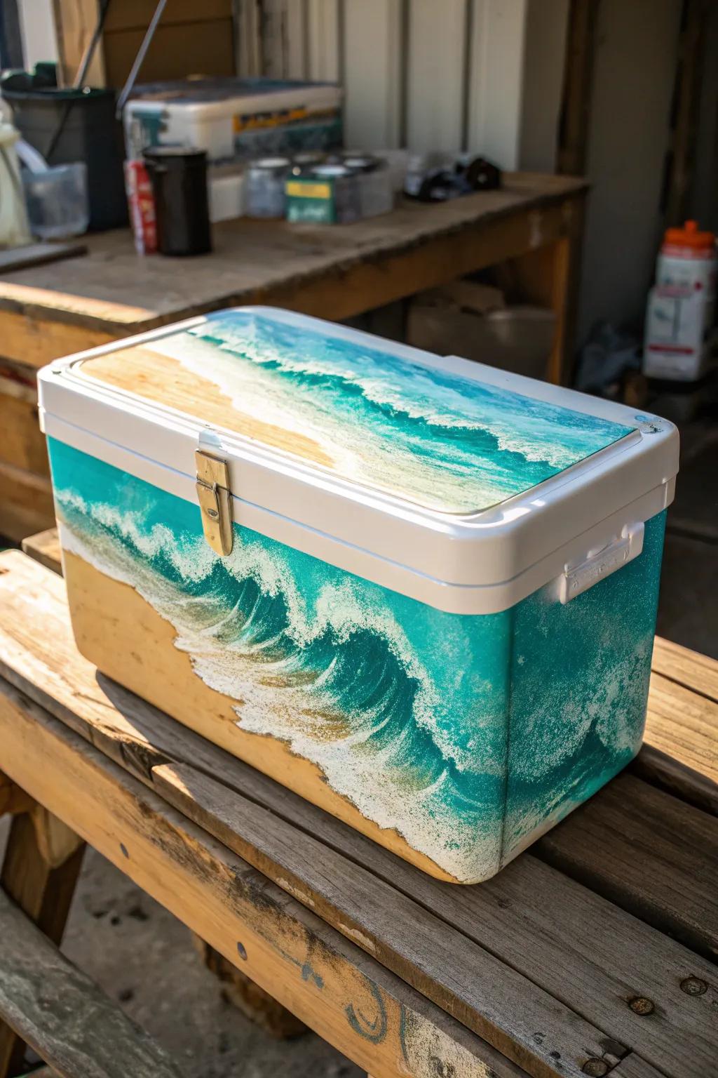 Capture the laid-back beach vibe with a cooler painted in oceanic hues and waves.