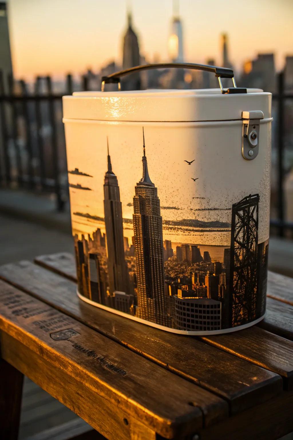 Showcase your favorite city with a sleek skyline design on your cooler.