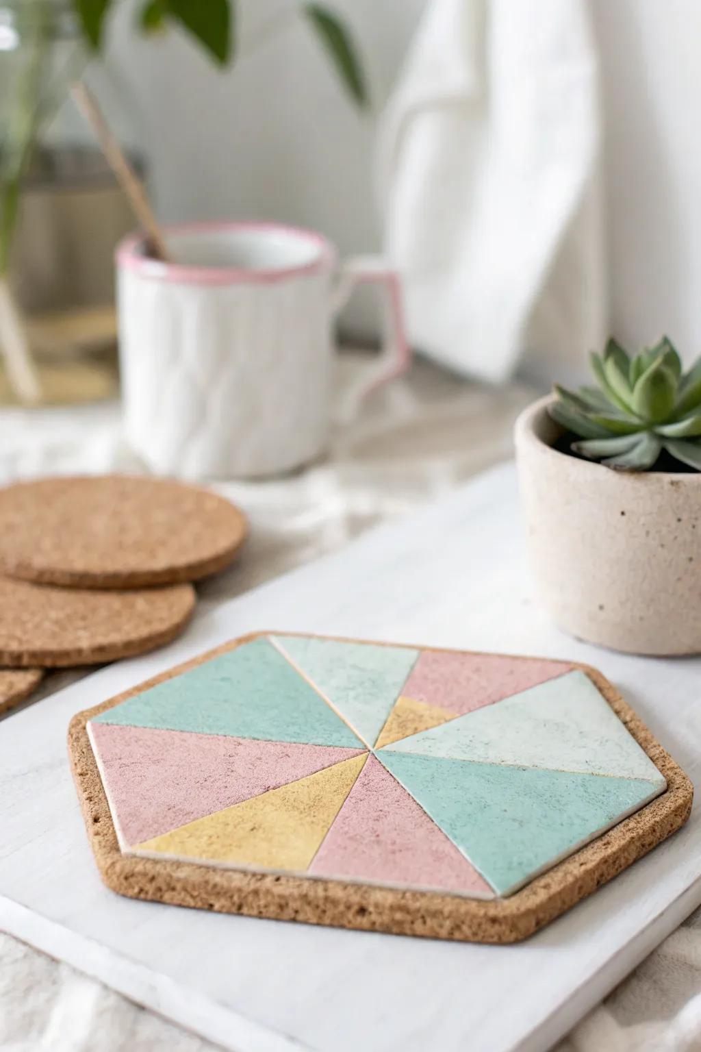 Add a Scandinavian-inspired touch with geometric cork coasters featuring clean lines and natural textures.