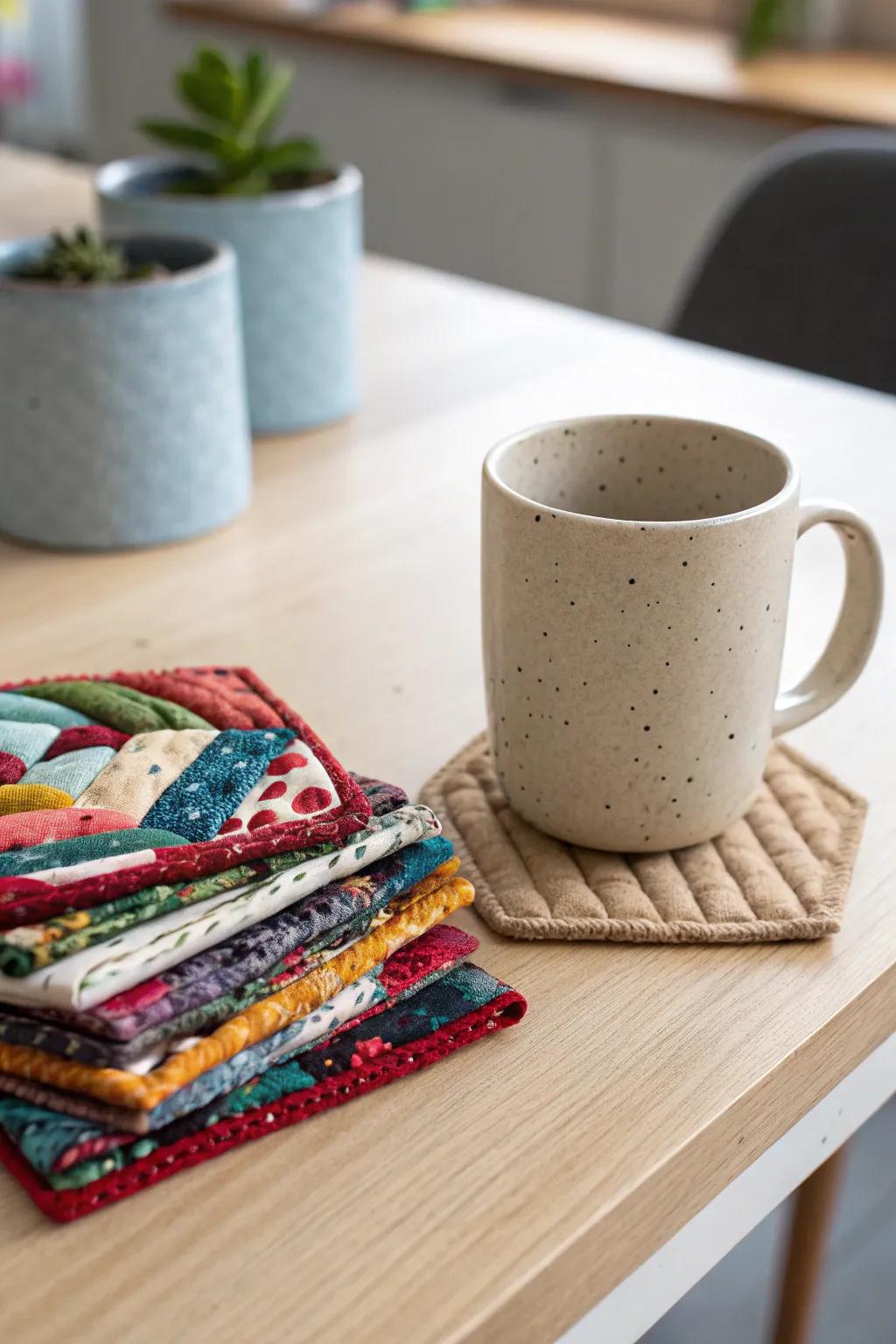 Turn leftover fabric pieces into vibrant, no-sew coasters that add warmth and personality to your space.