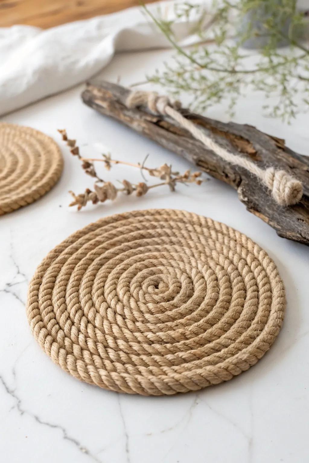 Bring a coastal vibe indoors with handcrafted jute rope coasters that combine simplicity and elegance.