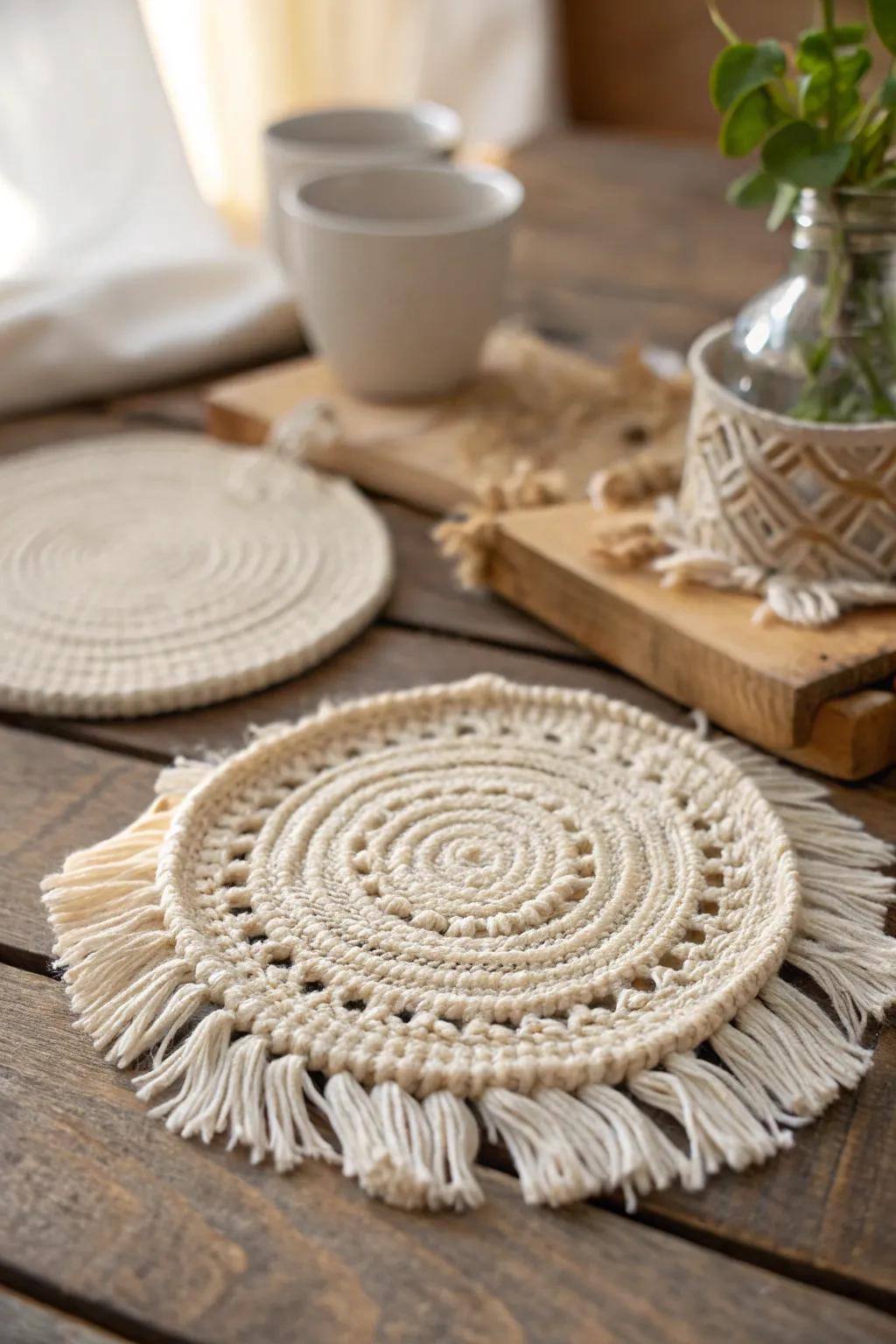 Infuse your table with boho elegance using handcrafted macramé coasters made from soft cotton cords.