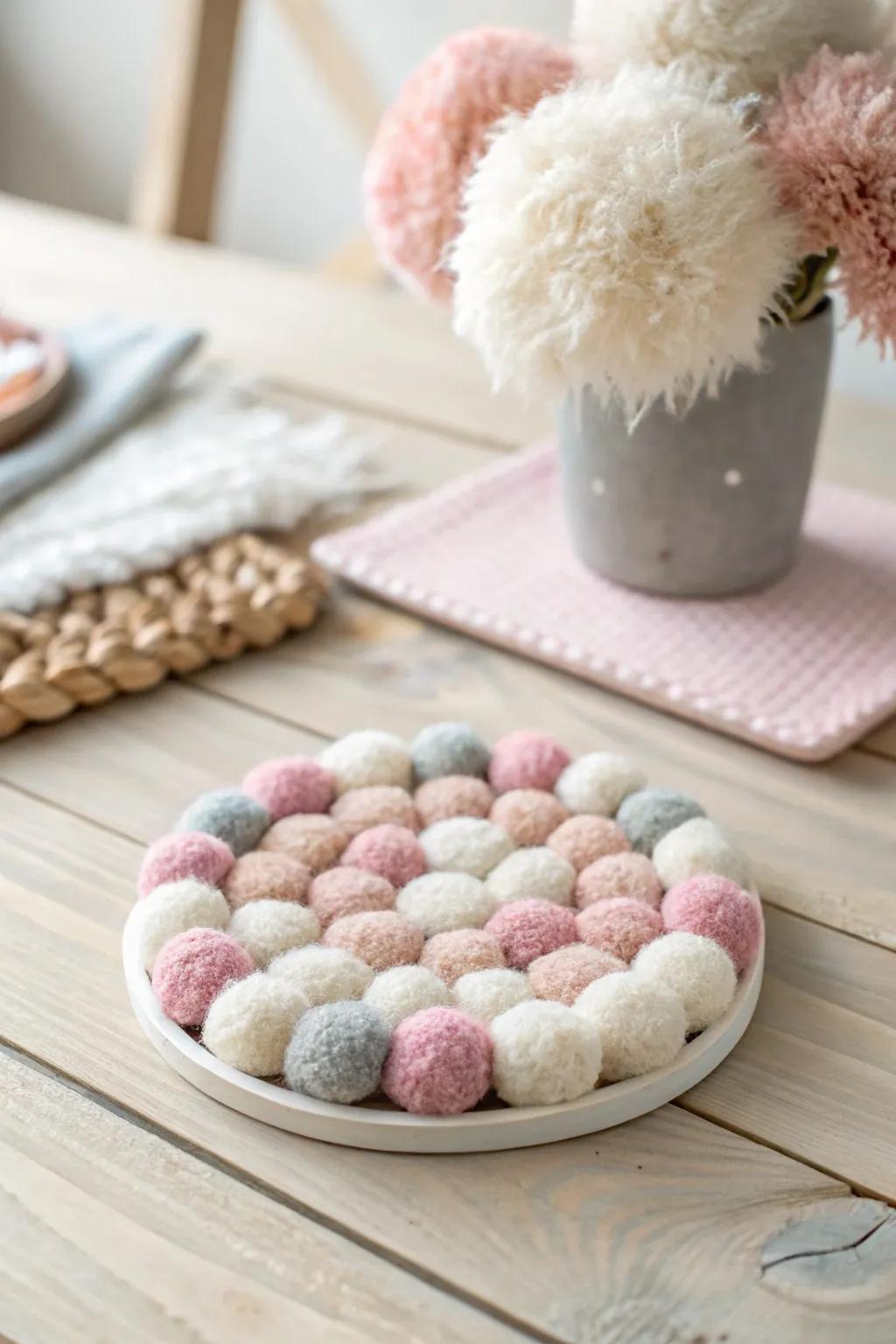 Add a playful splash of color and texture to your table with soft, fluffy pom pom coasters.