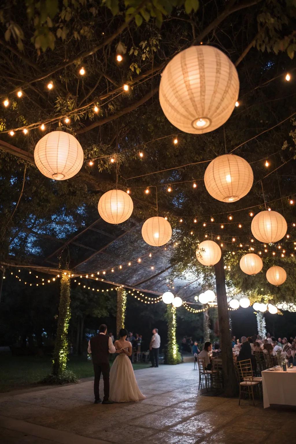 Hanging light orbs adding a contemporary magical touch.