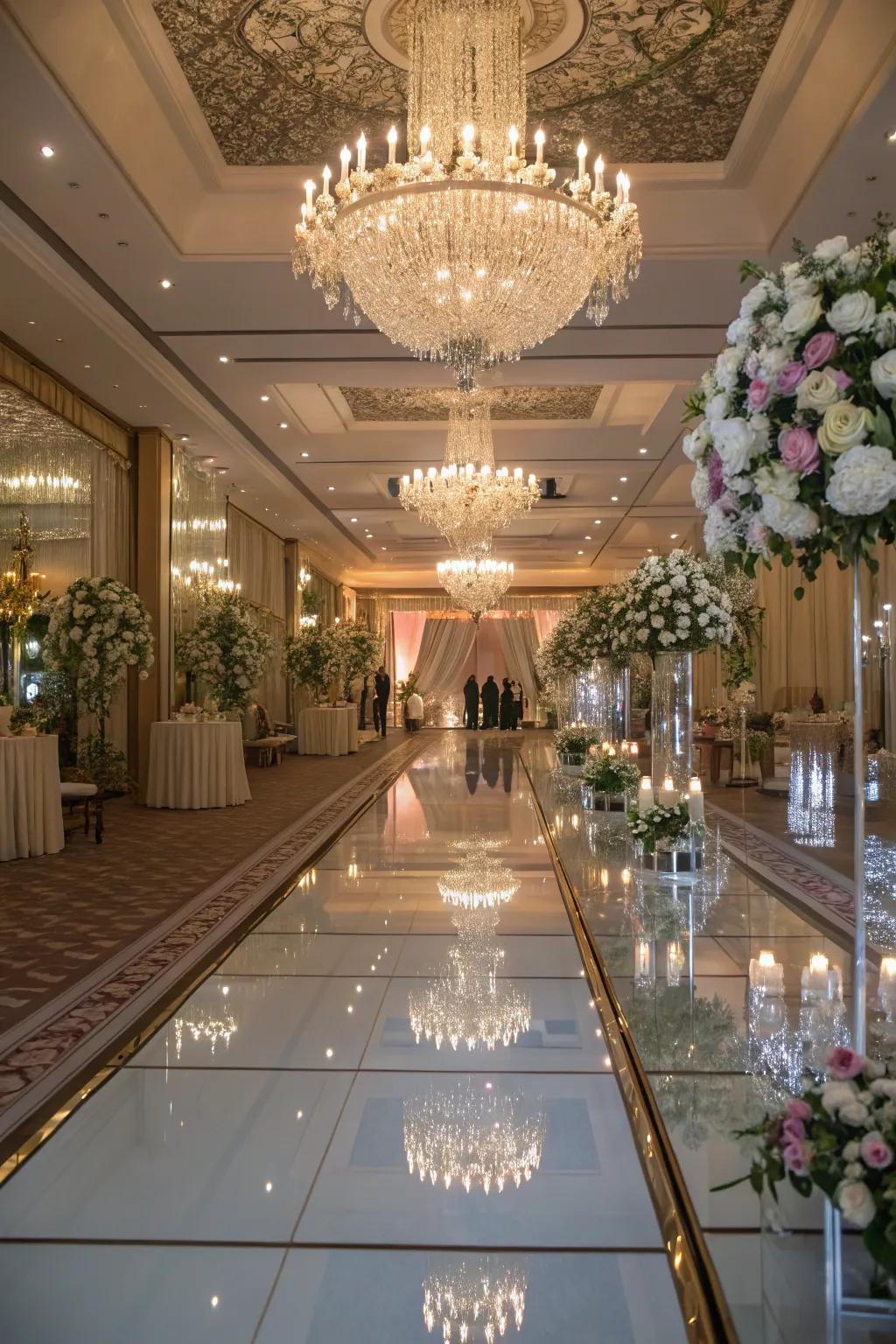 Reflective surfaces enhancing light and depth.