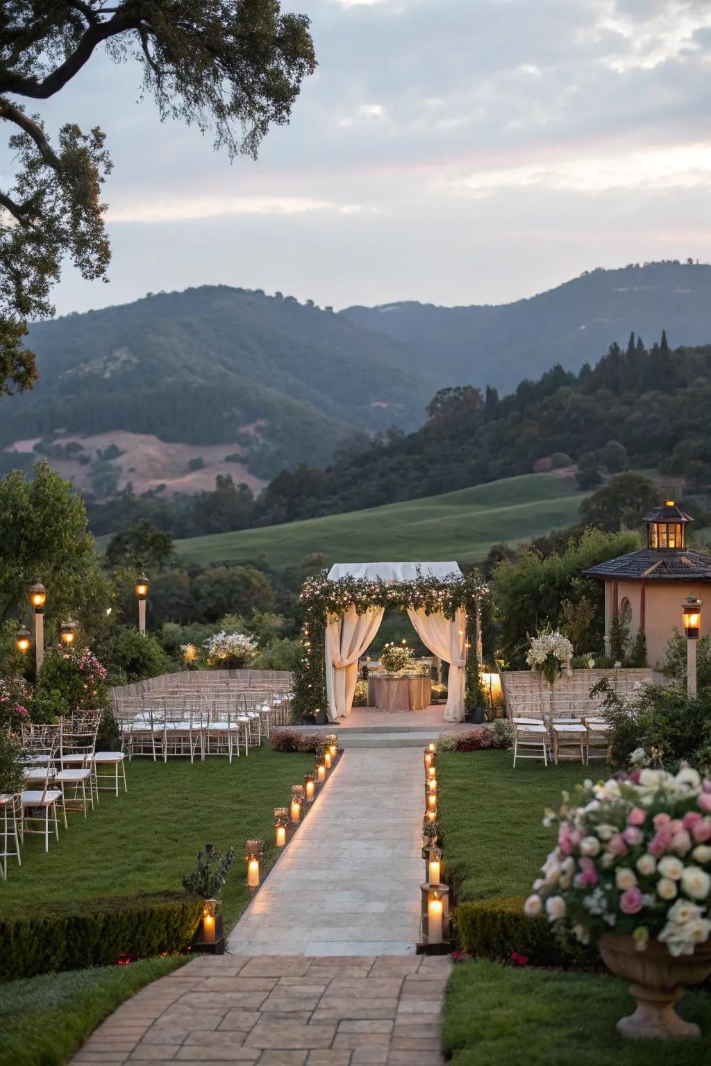 Outdoor lighting enhancing natural venue beauty.