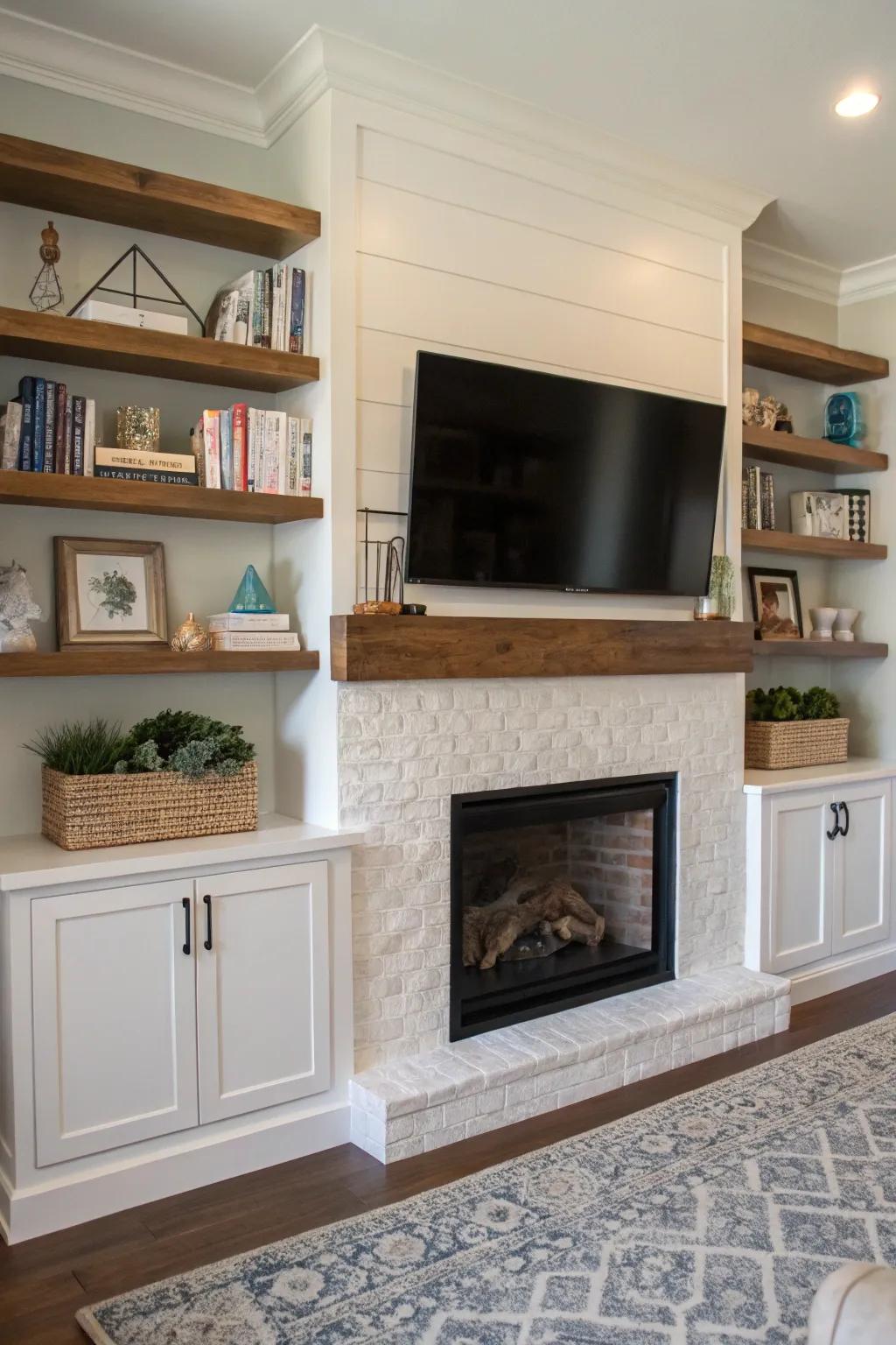 Floating shelves combine style and practicality.