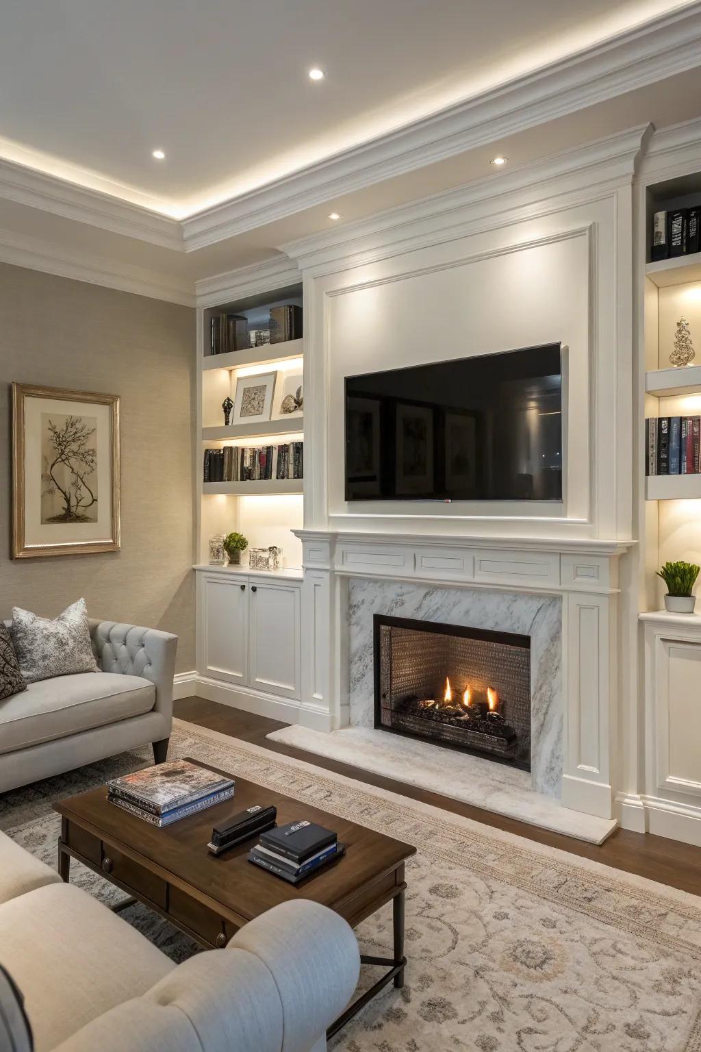 A concealed TV maintains the room's elegant decor.