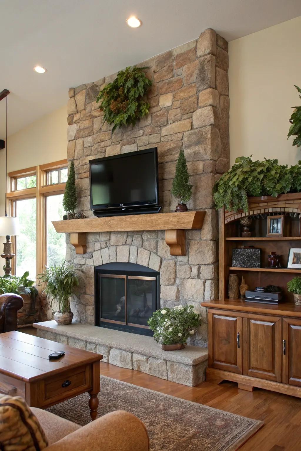 Natural materials add warmth and texture to the fireplace area.