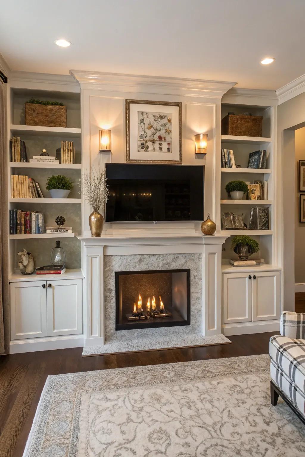 Symmetrical shelving creates harmony around the TV and fireplace.