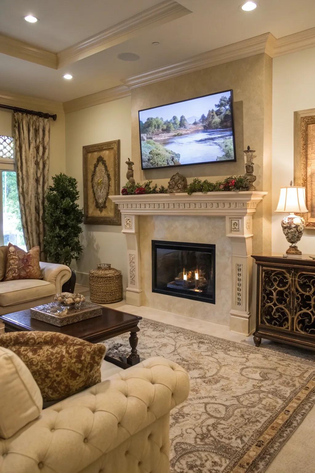 A TV disguised as artwork adds sophistication to the room.