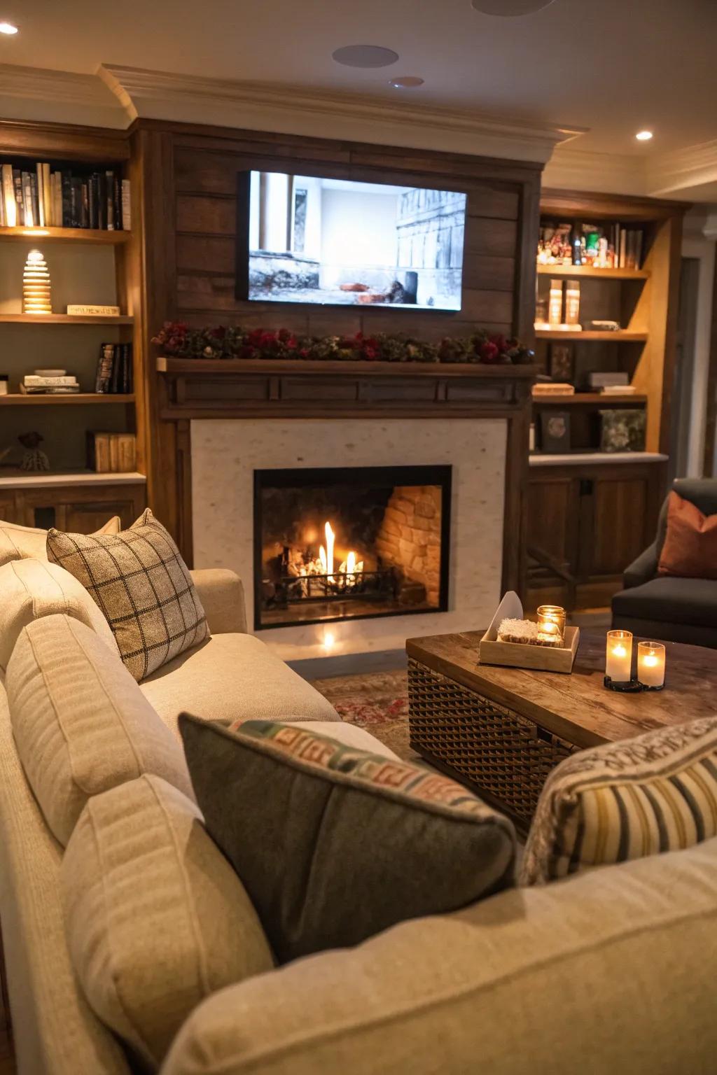 Seating arranged for clear views of both TV and fireplace.