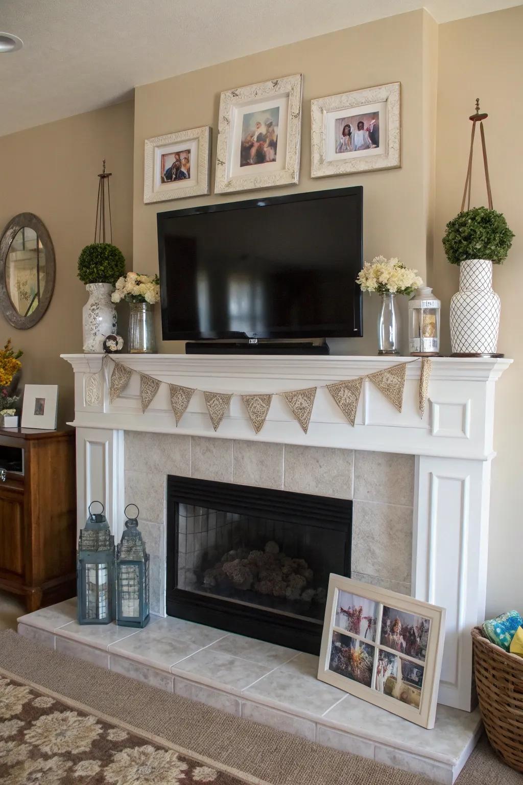 A mantel styled with personal touches adds character.