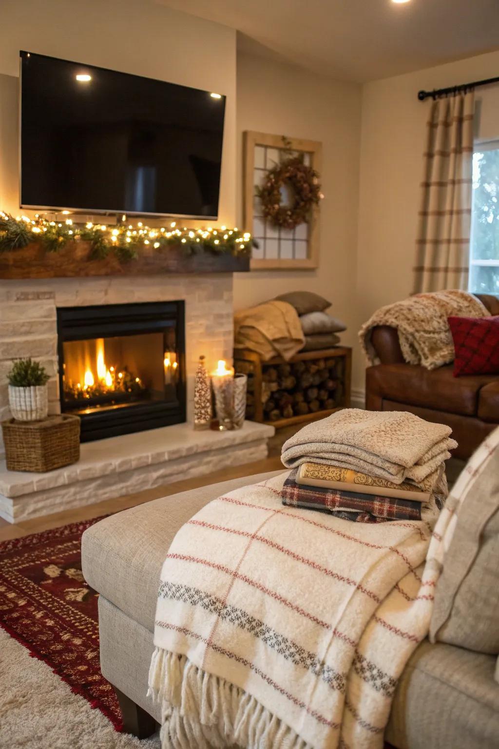 Layered textiles add warmth and tactile comfort.