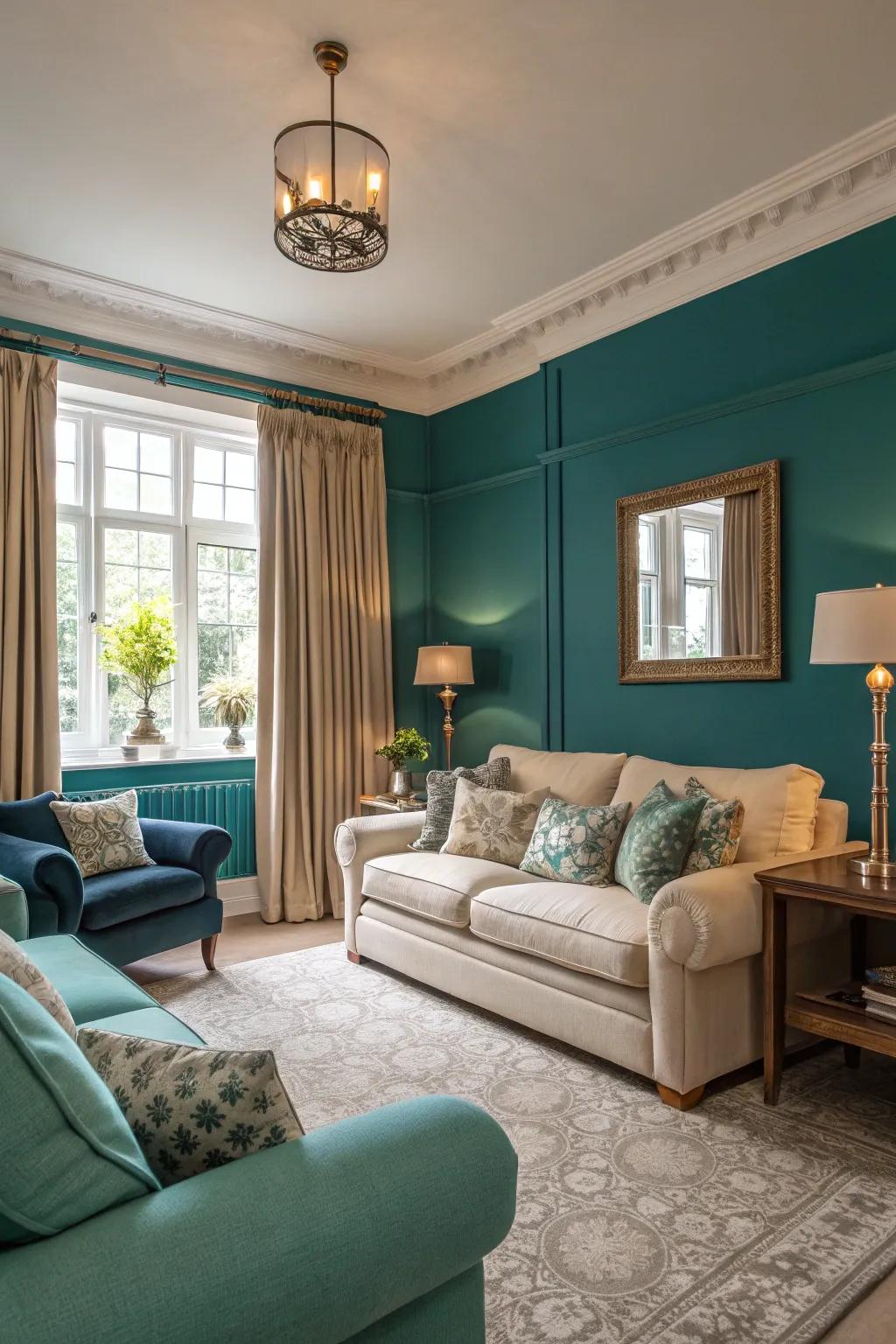 Deep teal combined with soft beige for a cozy, upscale feel.