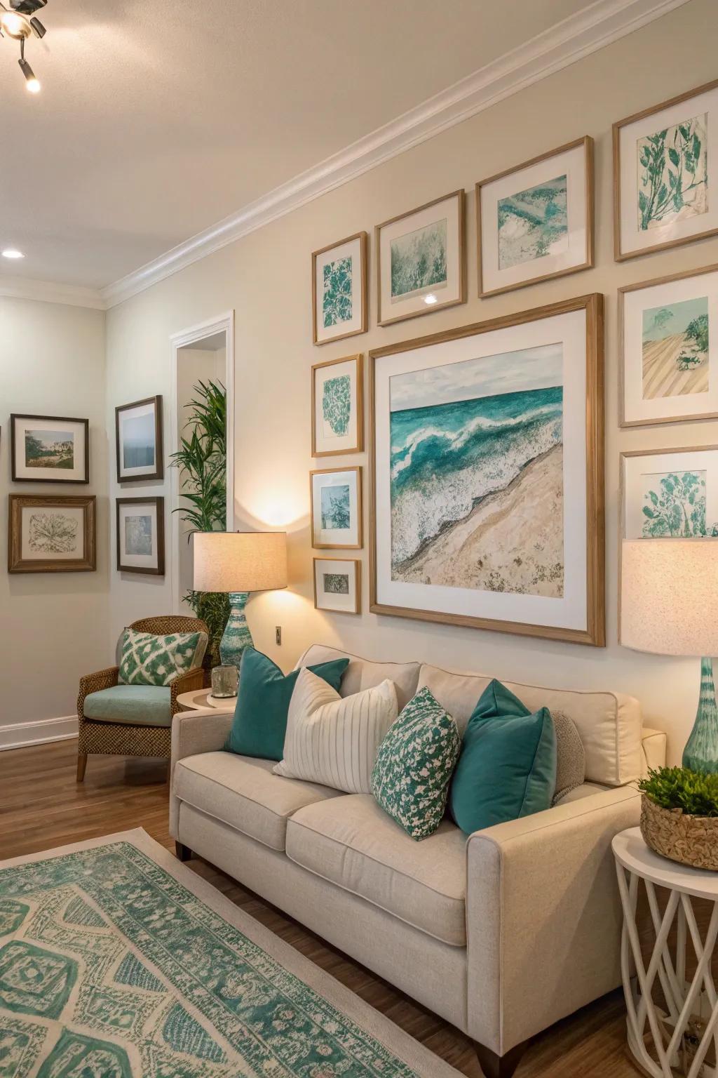 Artwork blending teal and beige to unify the room's design.