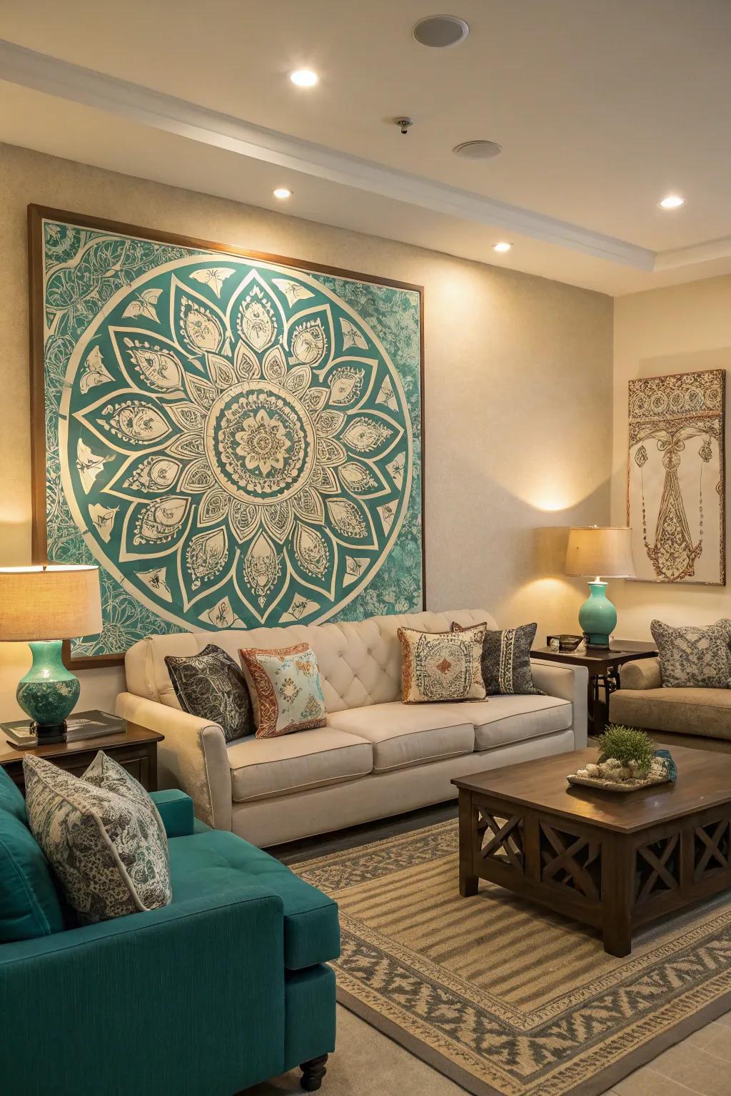 Large-scale teal and beige artwork anchors the room's design.