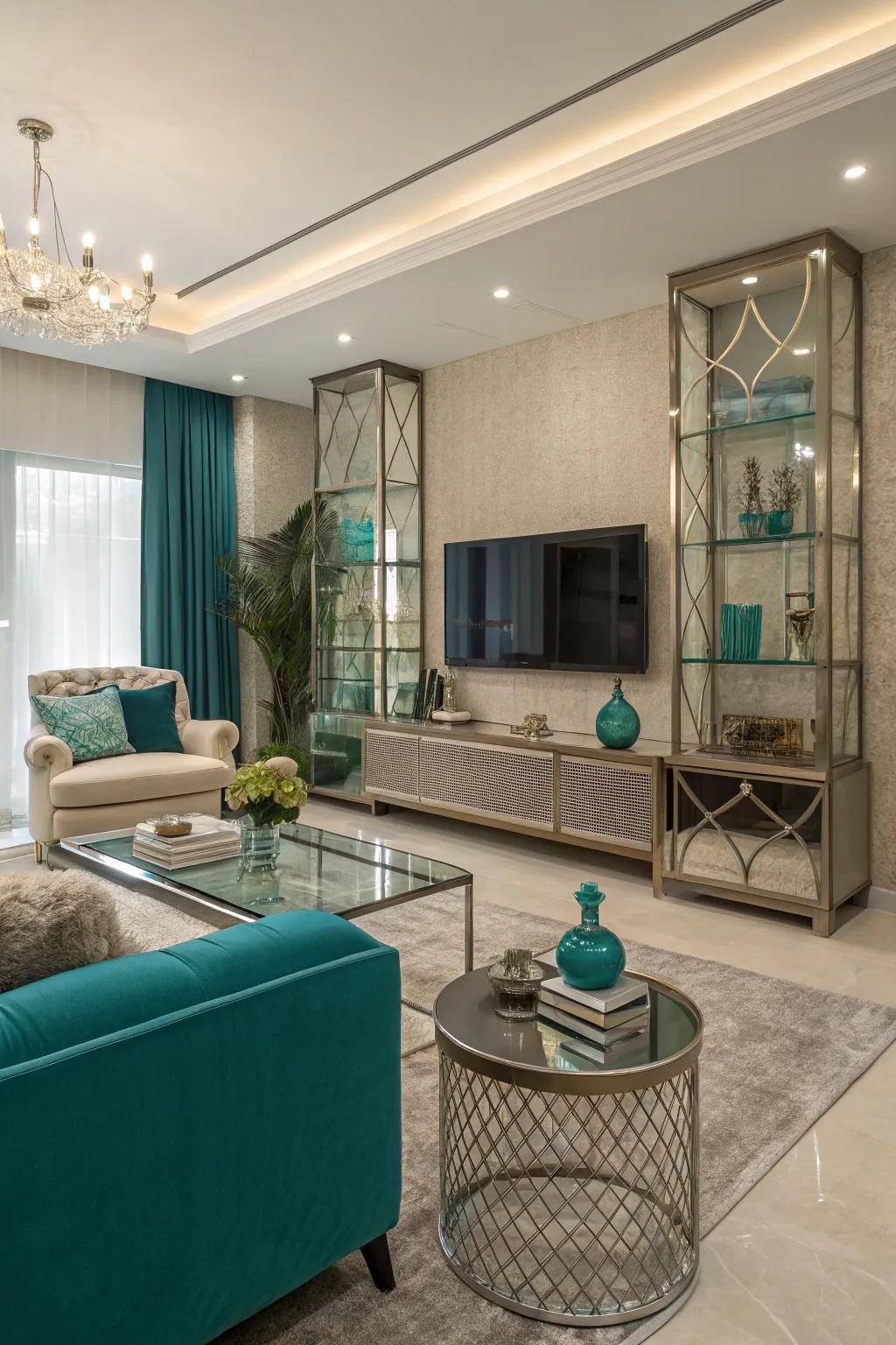 Sophisticated mix of glass and metal accents with teal and beige.
